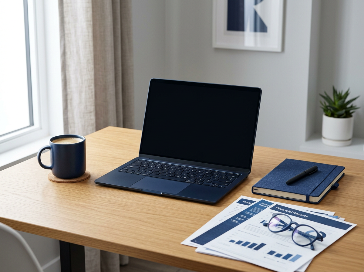 A workspace with a laptop, a blue notebook with a black pen, financial reports, a pair of glasses, a cup of coffee on a coaster, and a potted plant on a wooden desk.