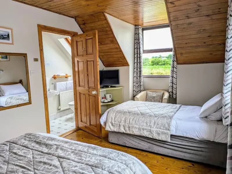 A cozy bedroom with two beds, a small TV on a shelf, a window showing green fields outside, and a corner with a chair. A door leads to a bathroom visible in the background. Comfortable rooms with ensuite bathroom, fan and TV.  Family Room.