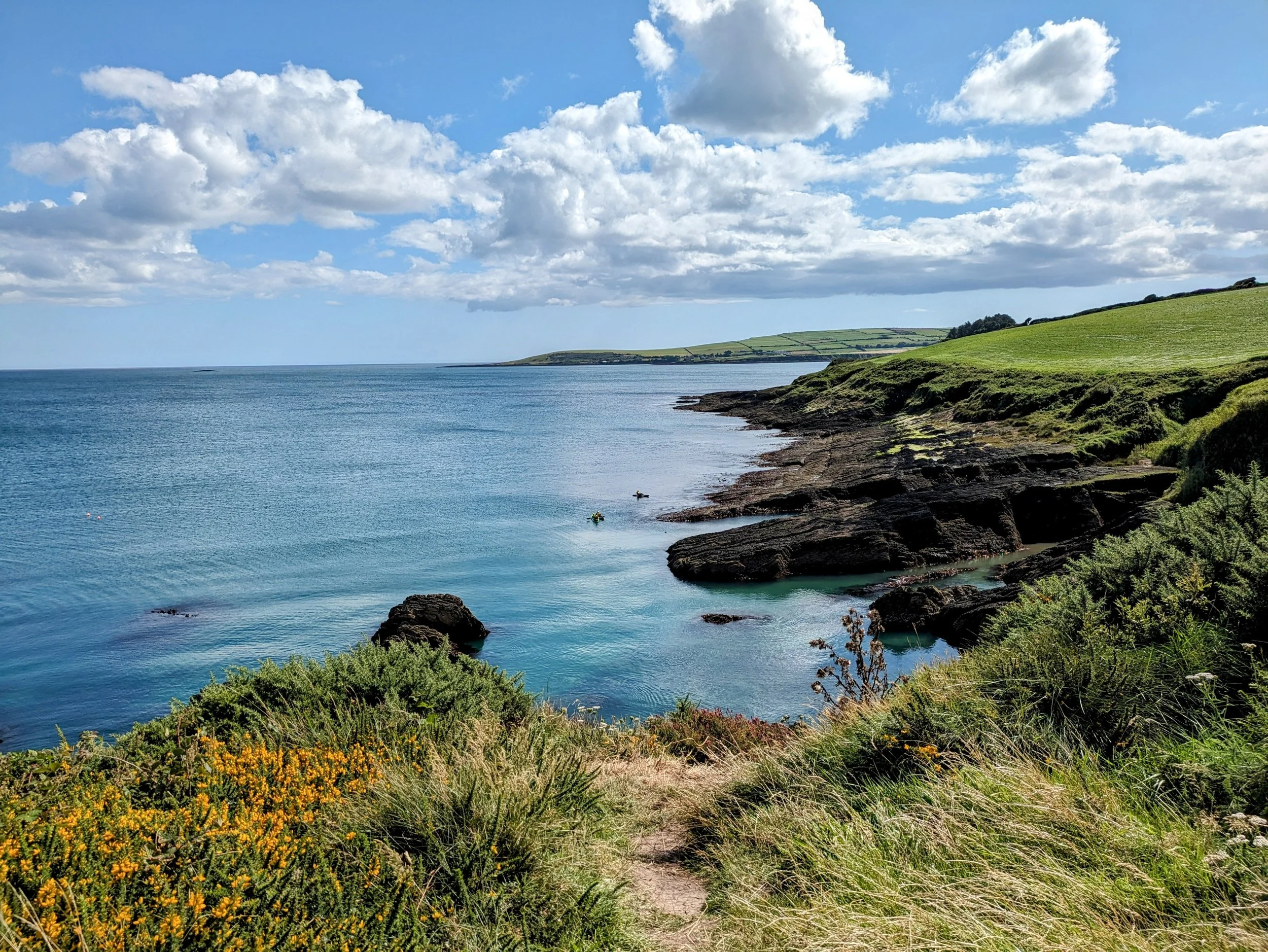 A coastal landscape with a dirt path in the foreground, lush green grass on rolling hills, a calm body of water, and a partly cloudy sky. Coastal walks with beautiful views in West Cork.