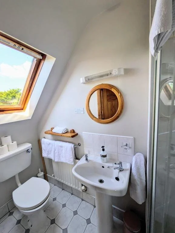 Small bathroom with a skylight window, a white toilet, a wall-mounted small white sink, a round wooden mirror, a wooden shelf with rolled towels, and a white towel hanging on a hook. The flooring has hexagonal tiles.