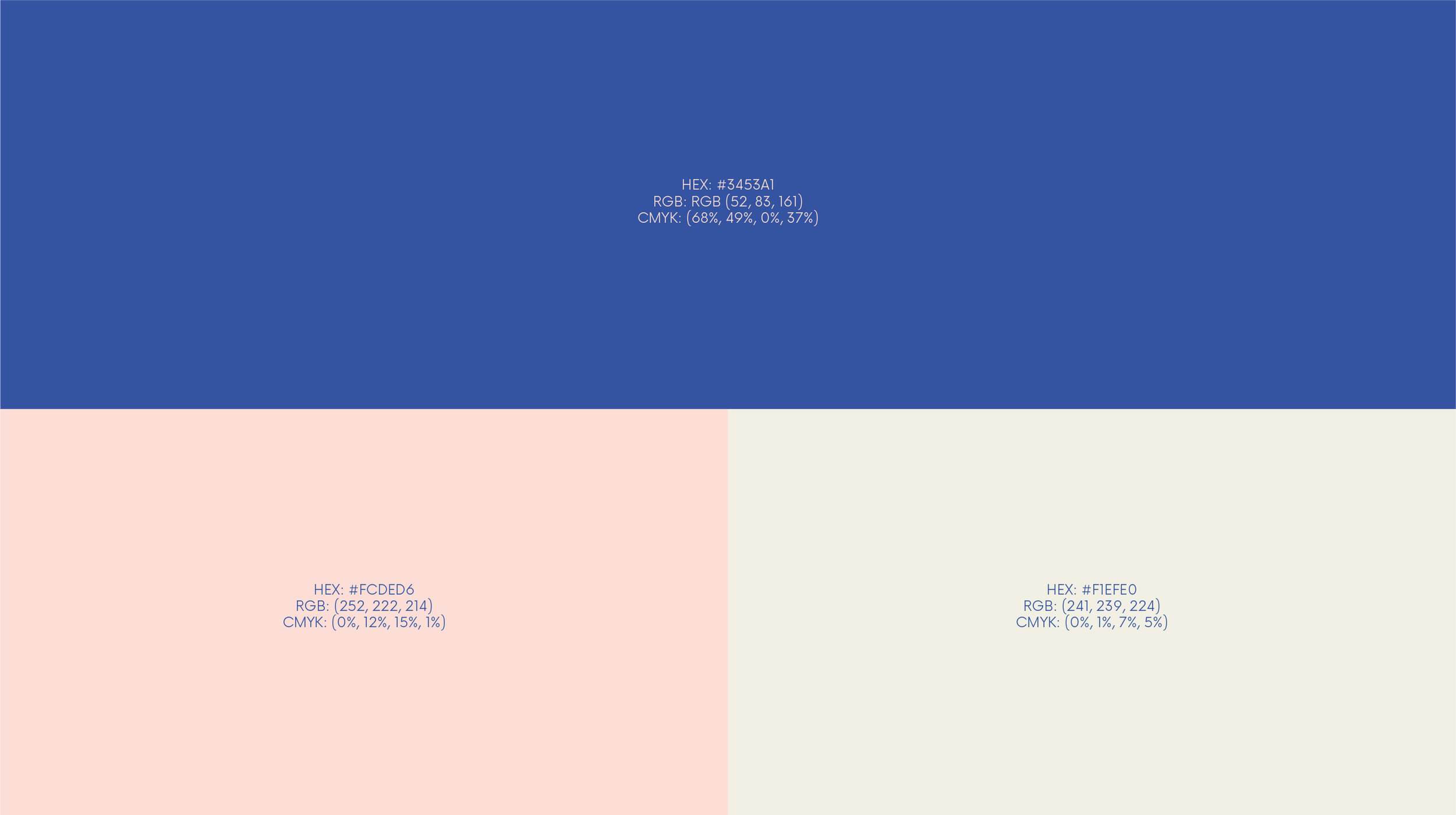 Muestra de cuatro colores en bloques, cada uno con su código hexadecimal, valores RGB y CMYK: azul (#3453A1, 52, 83, 161, 68%, 49%, 0%, 37%), rosa claro (#FCDED6, 252, 222, 214, 0%, 12%, 15%, 1%), gris muy claro (#F1F1F0, 241, 239, 224, 0%, 1%, 7%, 5%).