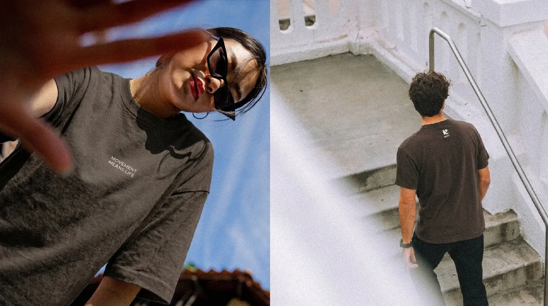 Joven mujer con gafas negras y camiseta gris con la frase "MOVEMENT MEANS LIFE" posando al aire libre junto a un joven hombre con camiseta negra en un interior que sube unas escaleras de concreto.