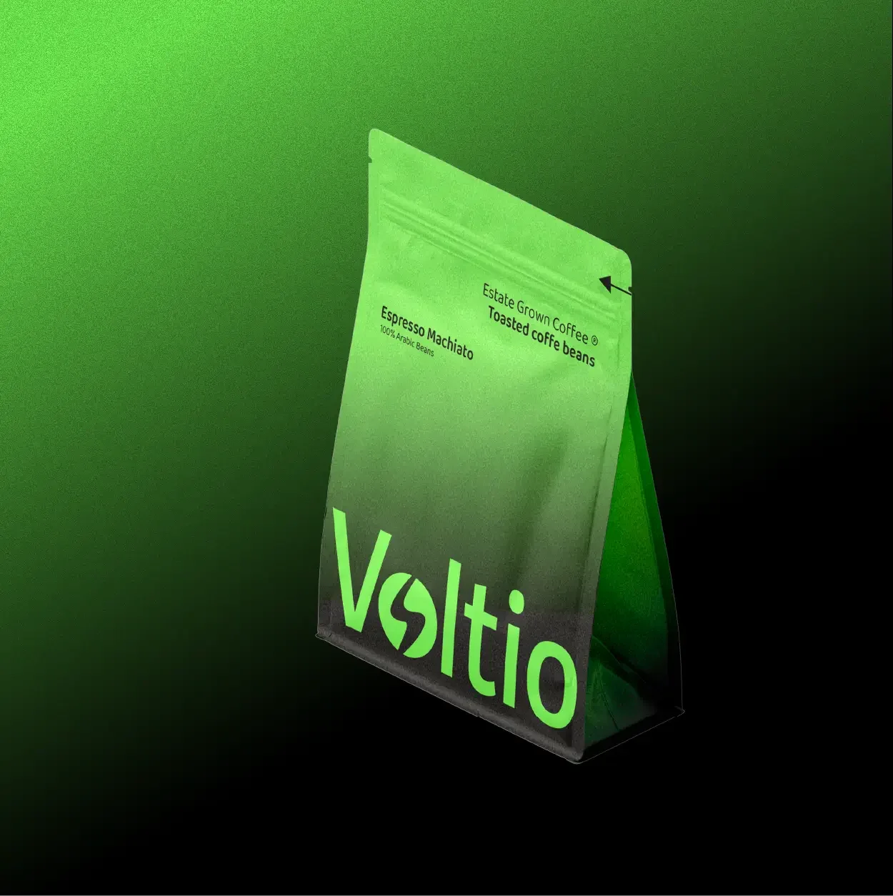 Paquete de café con la marca 'Voltio', que ofrece café tostado y grano de café árabe, en un fondo con iluminación verde y negro.