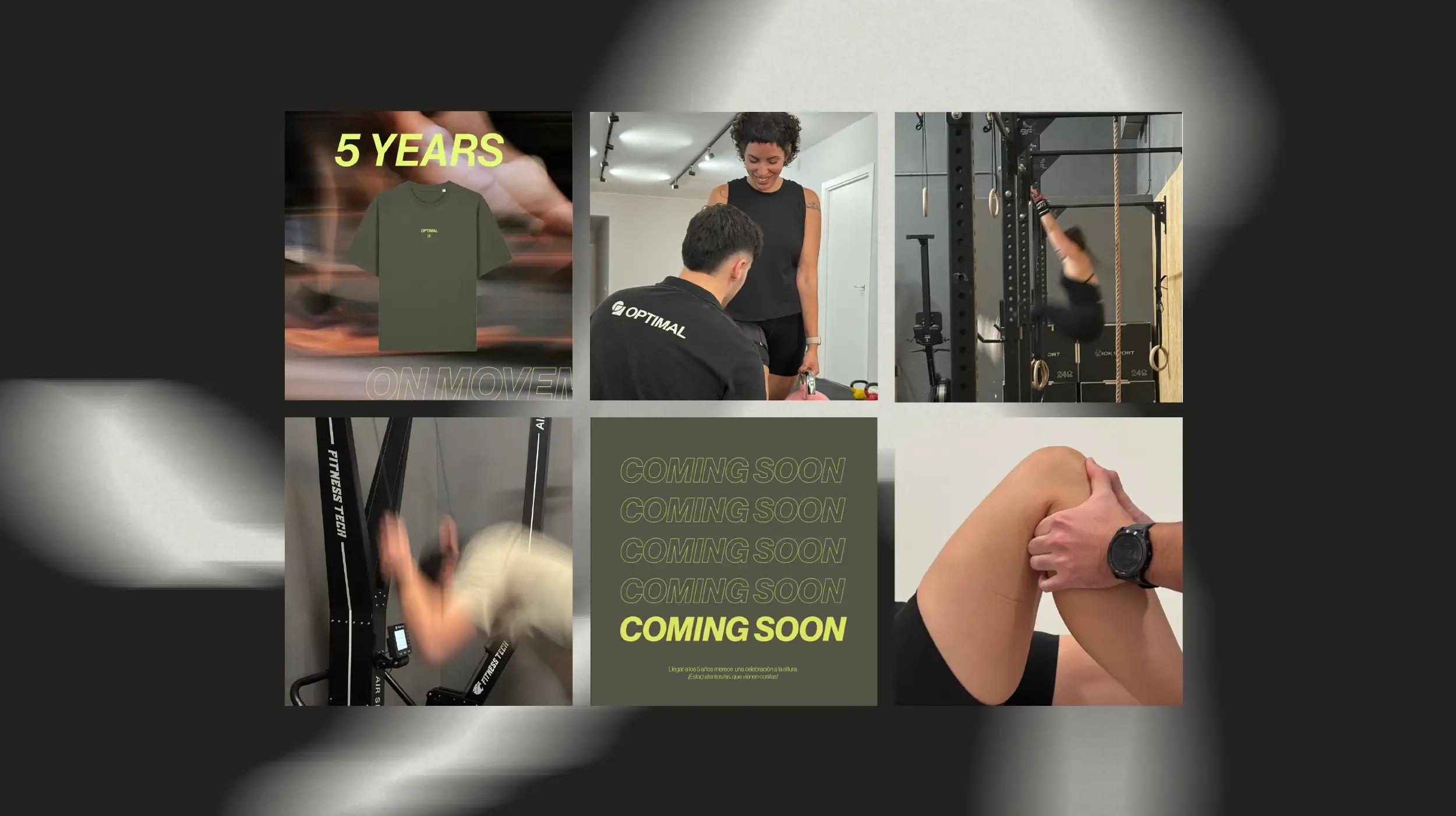 Collage de varias imágenes relacionadas con entrenamiento en gimnasio, destacando una camiseta con '5 años' y escenas de personas haciendo ejercicio, levantando pesas y usando máquinas, con texto 'Coming Soon' y notas sobre innovación y cultura.