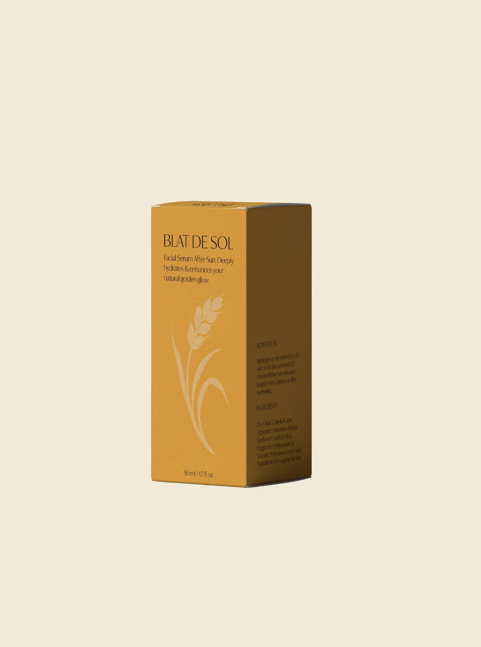 Caja amarilla de producto llamado 'Blat de Sol', que es un suero facial post sol con ingredientes naturales. La caja tiene ilustraciones de trigo y texto en inglés con instrucciones de uso y lista de ingredientes.