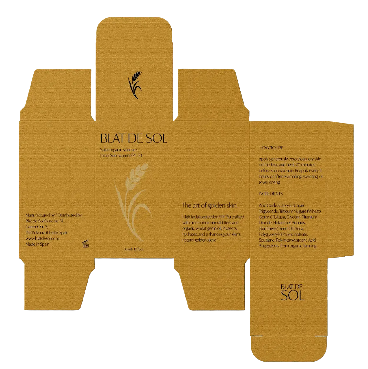 Embalaje dorado de crema solar 'Blat de Sol' con instrucciones de uso y lista de ingredientes en español.
