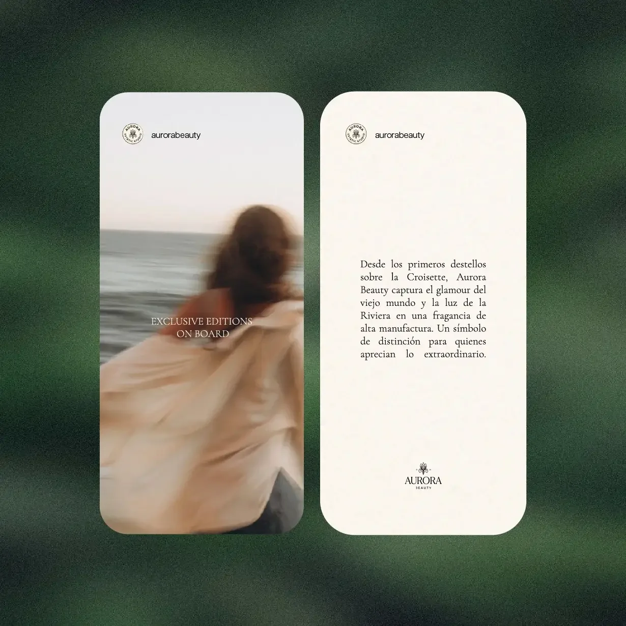 Promotional cards from Aurora Beauty: one features a blurred image of a woman by the sea, and the other includes text in Spanish about the brand's history and exclusivity.