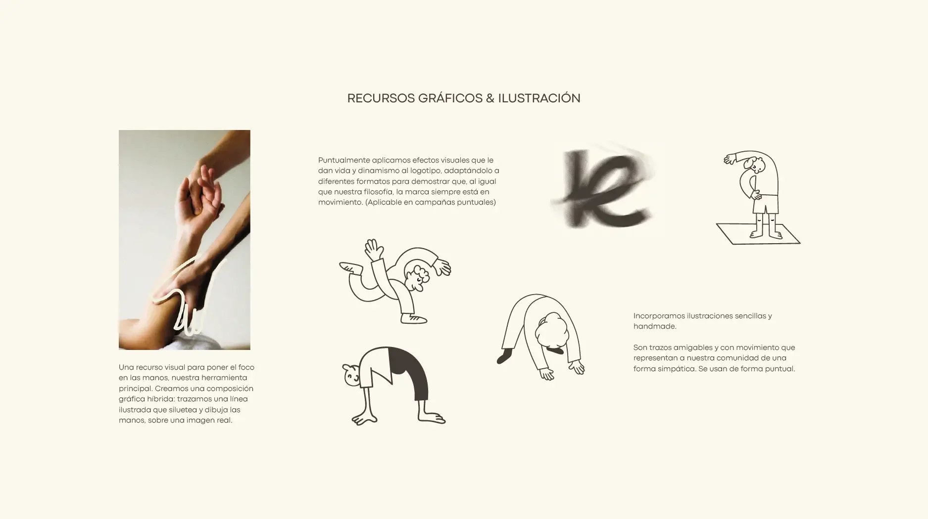 Página de recursos gráficos y ilustraciones sobre efectos visuales y dibujo de manos y personas en diferentes posturas, con texto en español.