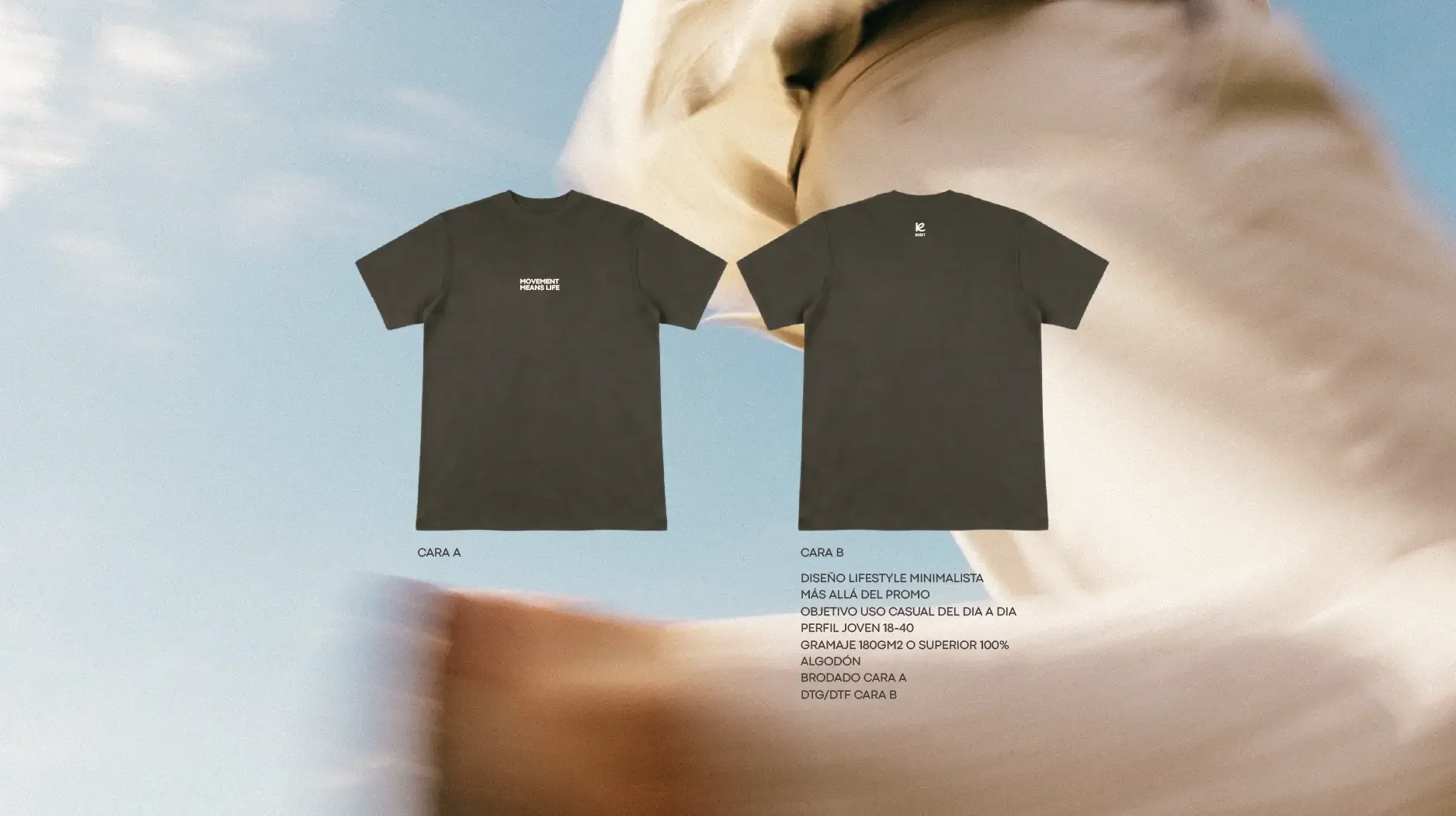 Dos camisetas negras, una con la frase 'MOVEMENT MEANS LIFE' y la otra con un logotipo en la parte superior, como parte de un anuncio de moda minimalista en fondo de cielo azul con nubes.