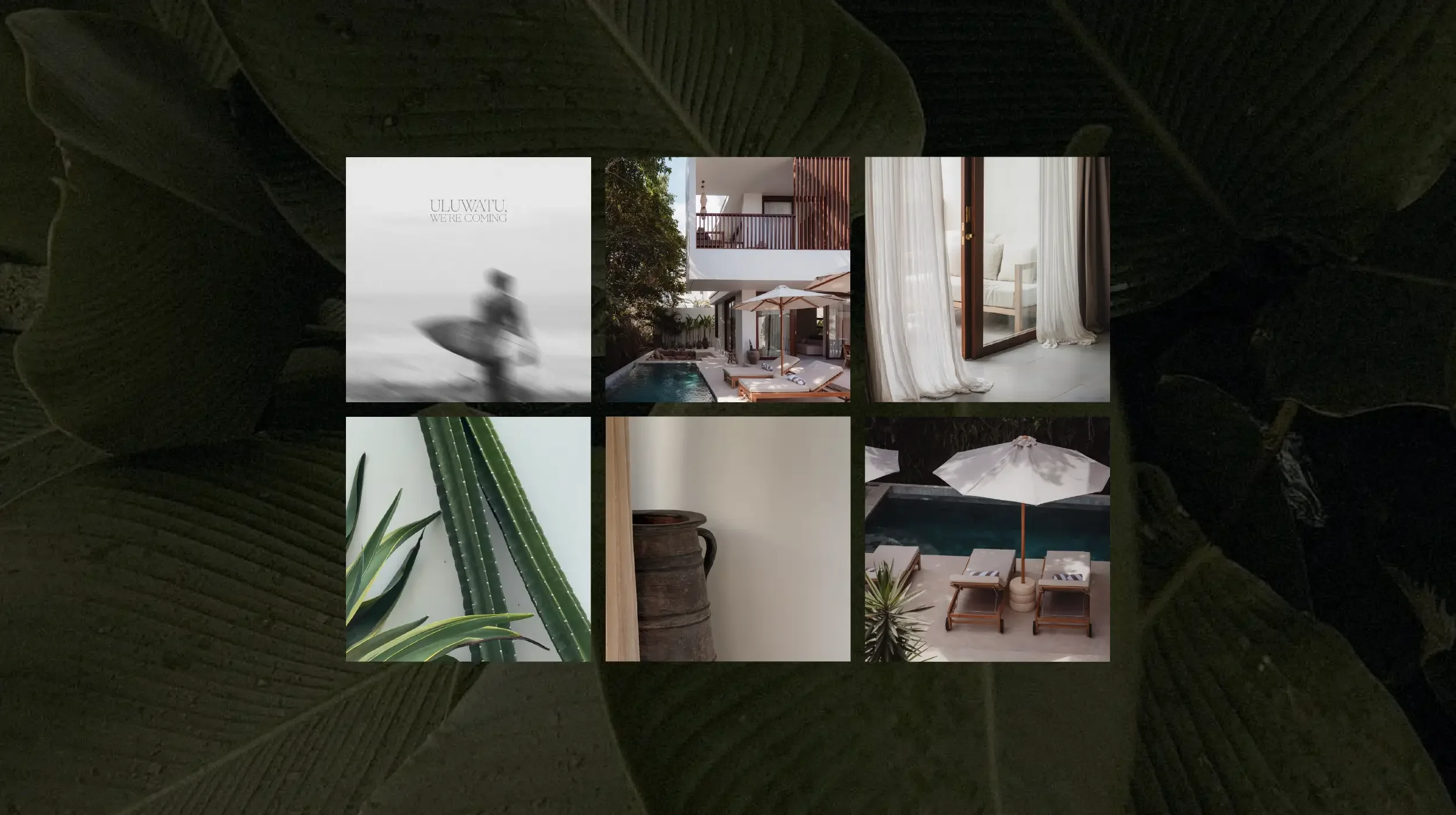 Colección de fotos de un resort o casa de vacaciones con piscina, muebles de exterior, plantas y vistas a la naturaleza.