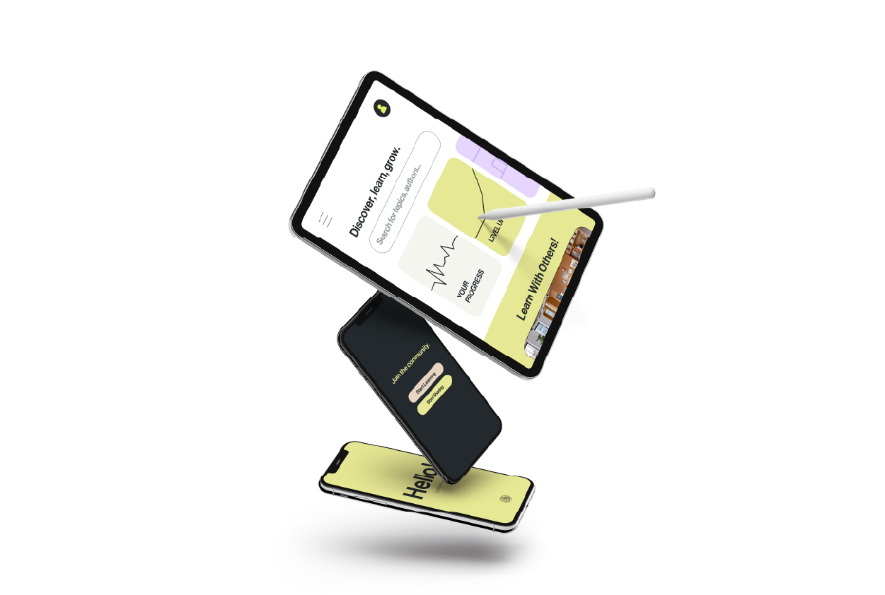 Tres teléfonos inteligentes flotando en el aire, uno con un lápiz stylus que apunta a una pantalla con una app de aprendizaje, otro con una pantalla de bienvenida, y el último con un mensaje de saludos en inglés.