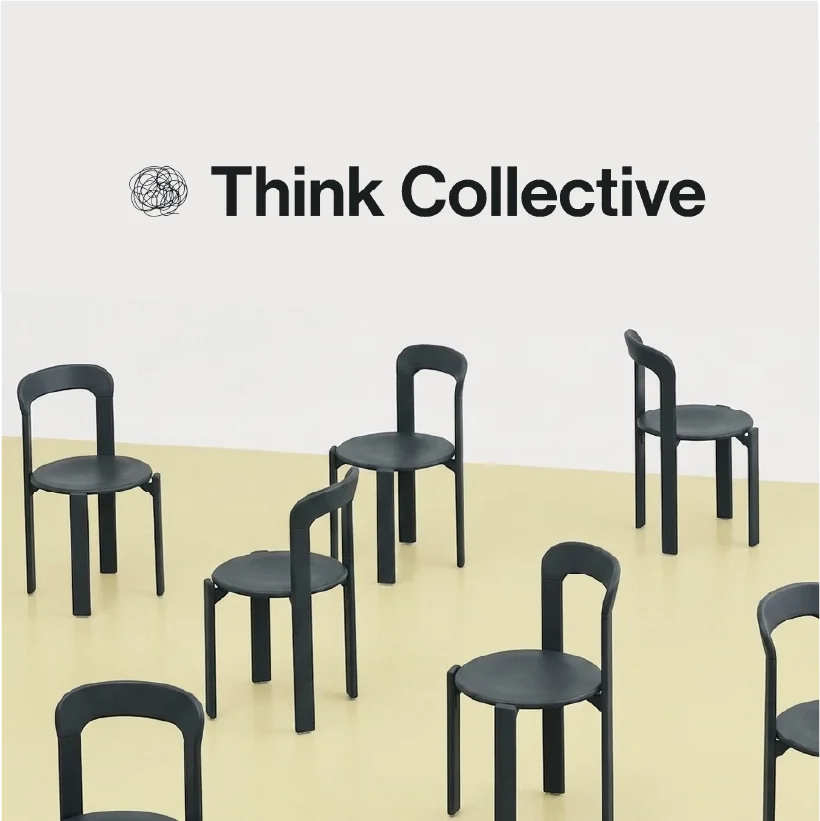 Several black chairs scattered in front of a white wall bearing the logo and name "Think Collective."