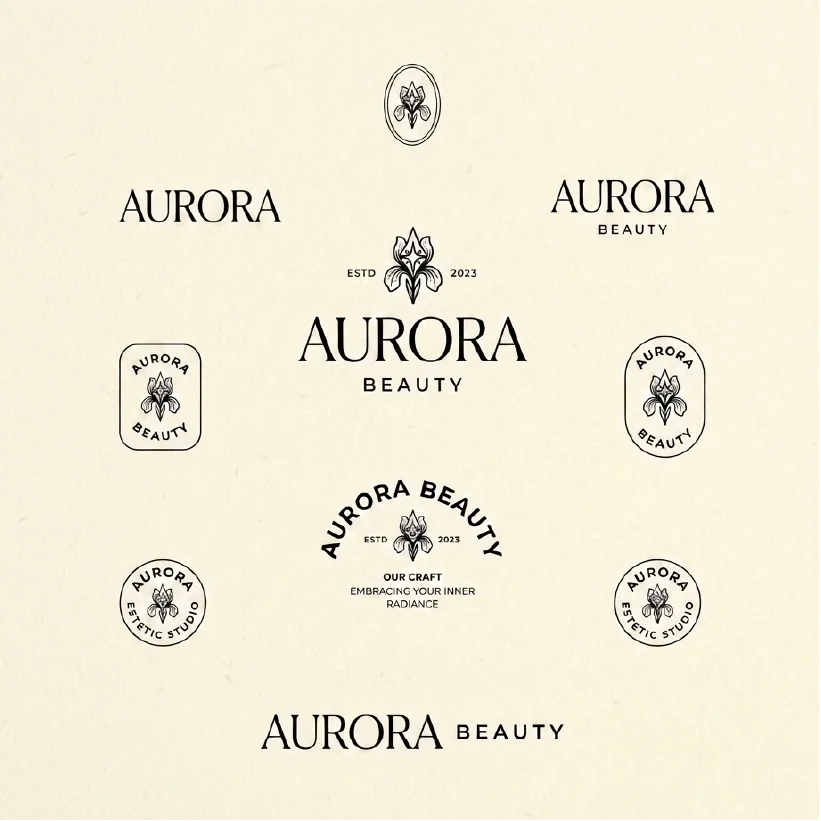 Various versions of the Aurora Beauty logo and brand names in different styles and sizes, featuring a design in light colors and some floral symbols.