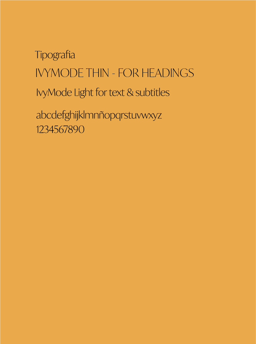Ejemplo de tipografía IYMODE THIN para encabezados y IYMode Light para texto y subtítulos, con letras en minúscula y números del 1 al 0 en un fondo color mostaza.