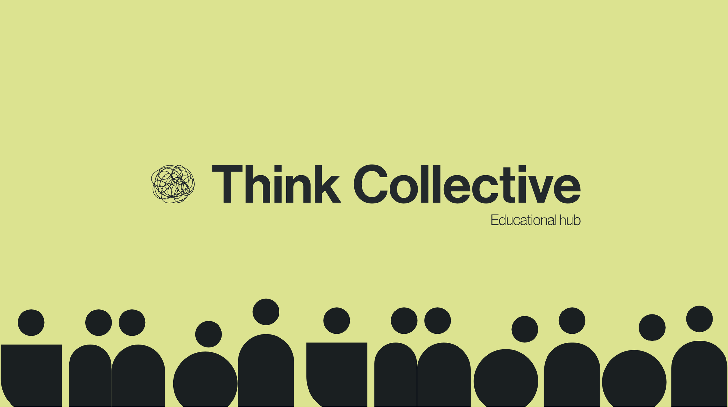 Logotipo de Think Collective con un símbolo de un entramado de líneas, en un fondo de color verde claro, con el texto 'Think Collective' en letras negras y 'Educational hub' en letras grises pequeñas.