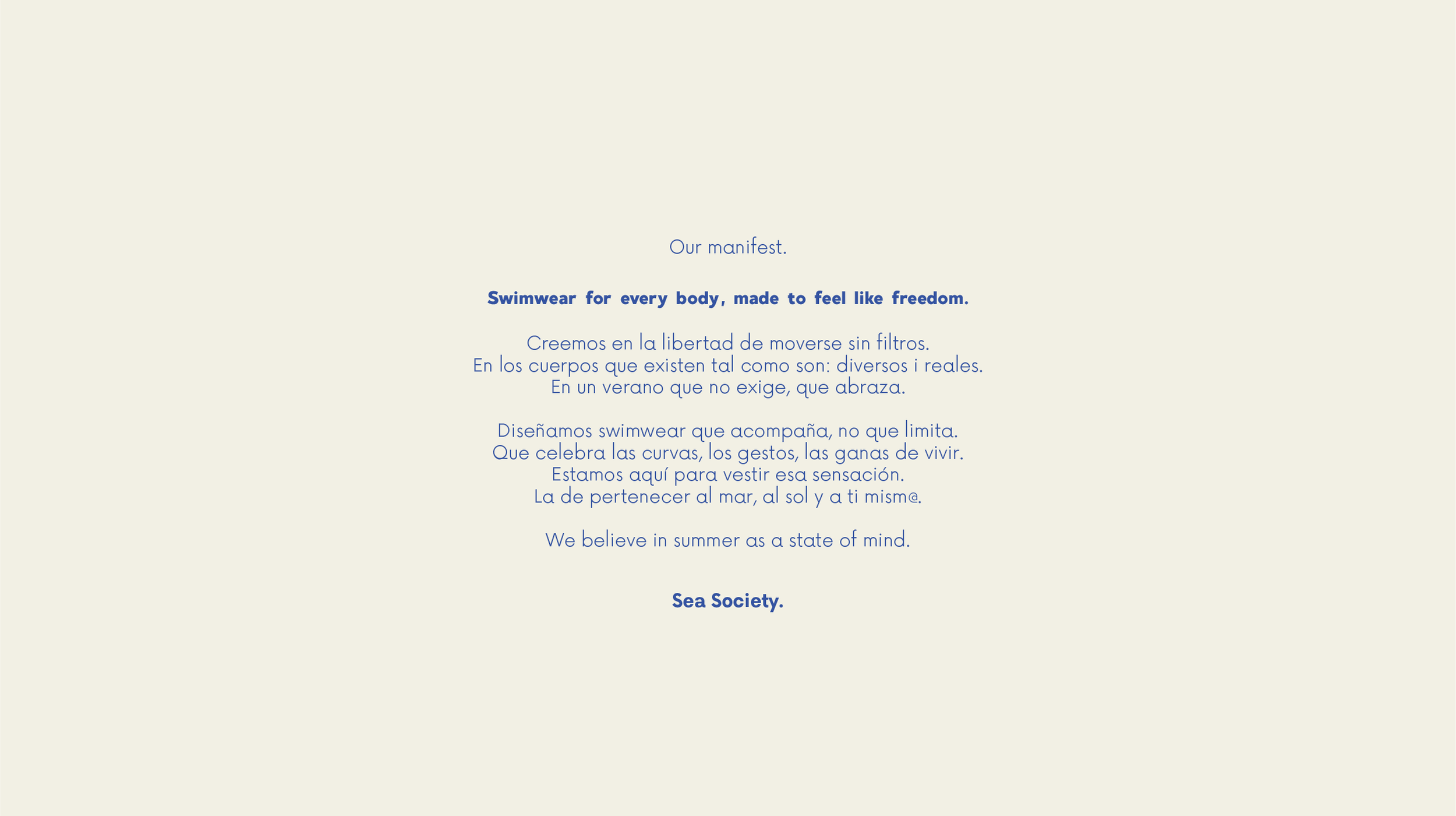 Página web con el manifiesto de una marca llamada Sea Society, que promueve ropa de baño para sentir libertad, con texto en español e inglés.