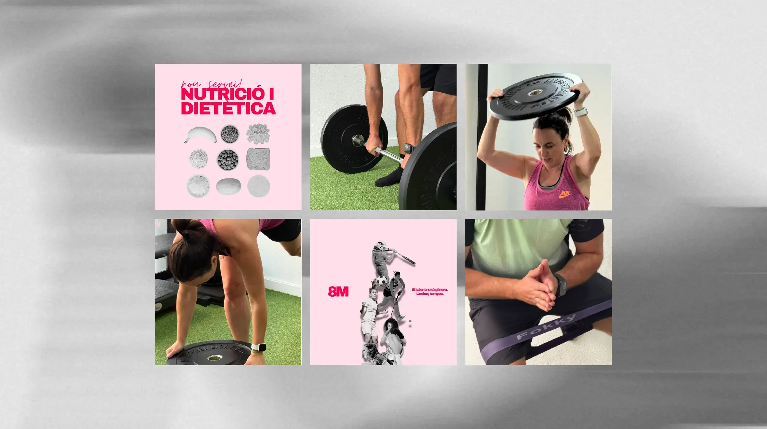 collage de imágenes relacionadas con la nutrición, el ejercicio y la motivación, incluyendo una portada de libro sobre nutrición y dietética, personas levantando pesas, haciendo ejercicios y estiramientos en un gimnasio, y una ilustración con texto en español sobre talento y esfuerzo.