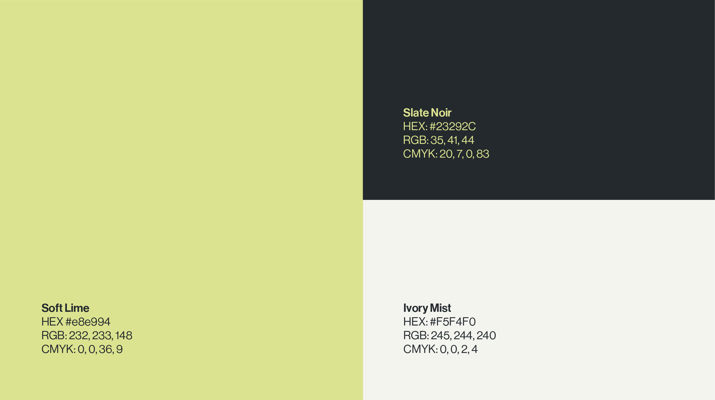 Muestras de colores en bloques: Soft Lime, Slate Noir, Ivory Mist, y otro tono sin nombre visible, con sus respectivos códigos HEX, RGB y CMYK.