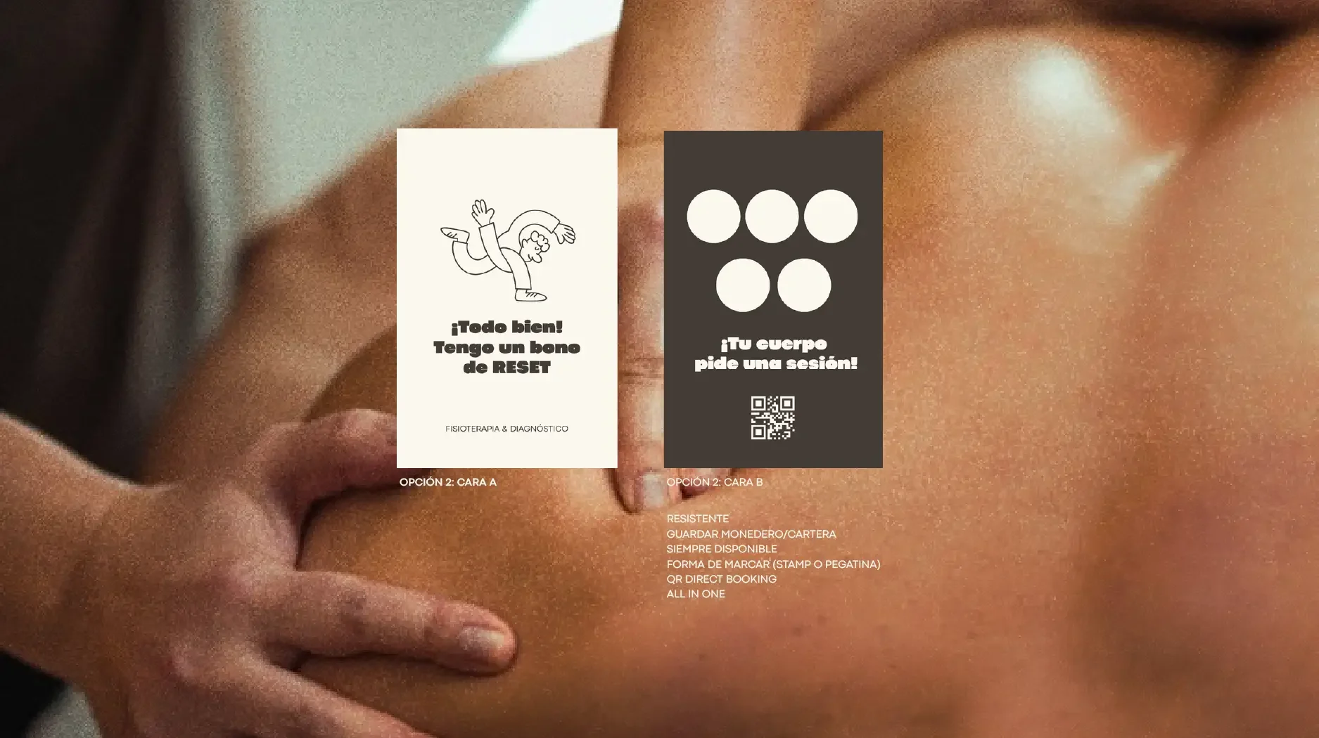An image showing corrective session appointment options, one for a face with a person doing a handstand and reading '¡Todo bien! Tengo un bono de RESET' and another for a body asking '¡Tu cuerpo pide una sesión!' with a QR code below.