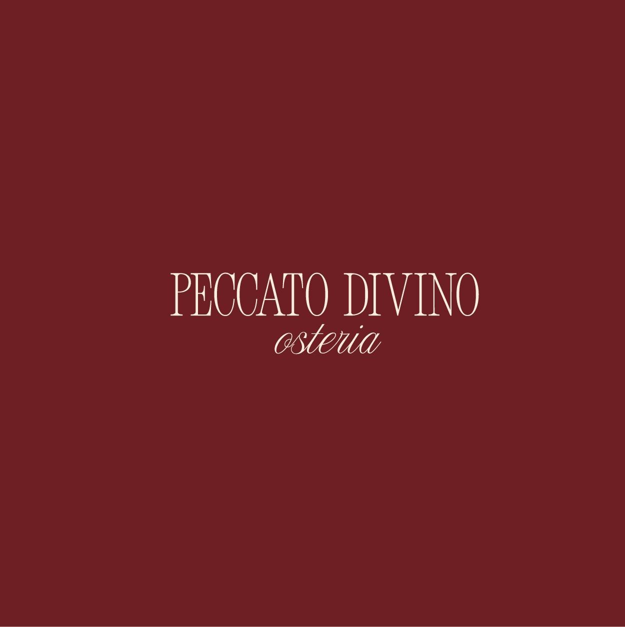 Cover with a burgundy background and white text that reads "Pecatto Divino," with "osteria" in cursive below it.