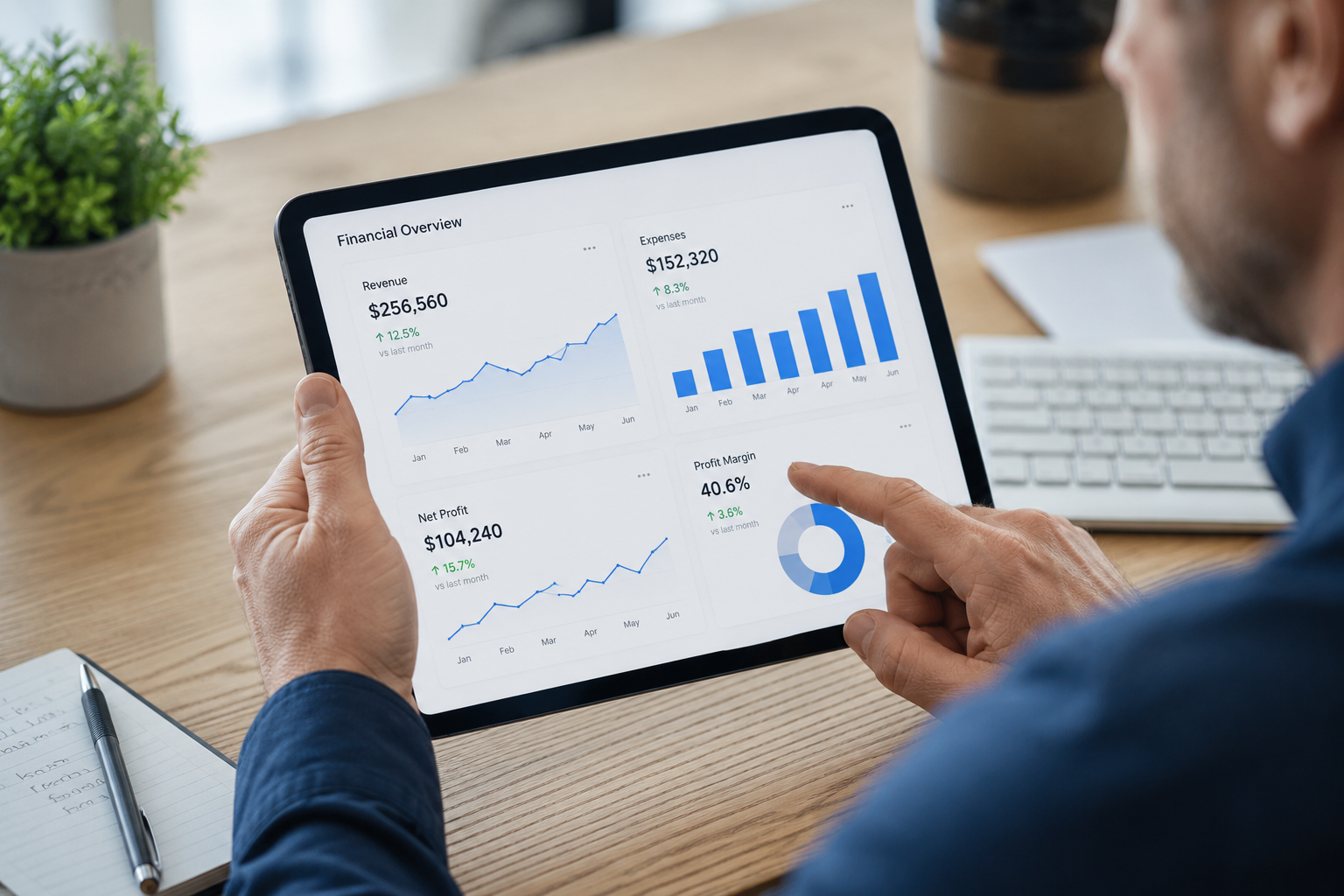 Modern business professional analyzing financial growth charts and cash flow metrics on a tablet dashboard.