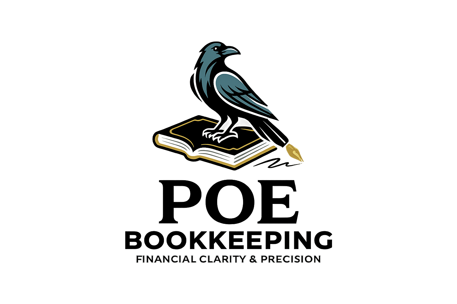 A logo with a black, white, and gray bird perched on an open book. The text 'POE BOOKKEEPING' and 'FINANCIAL CLARITY & PRECISION' is below the image.