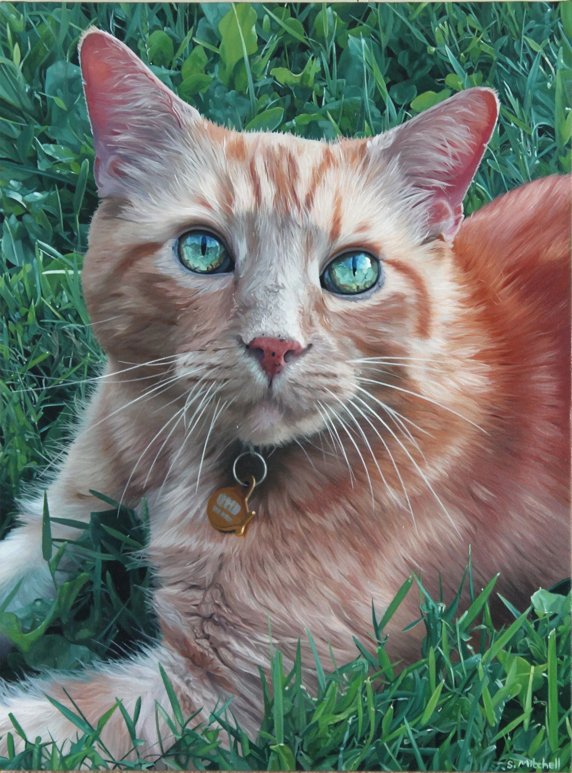 A close-up painting of a ginger cat with green eyes lying in tall grass. The cat has a pink nose and a collar with a gold tag. The artist's signature is in the bottom right corner, reading 'S. Mitchell.'