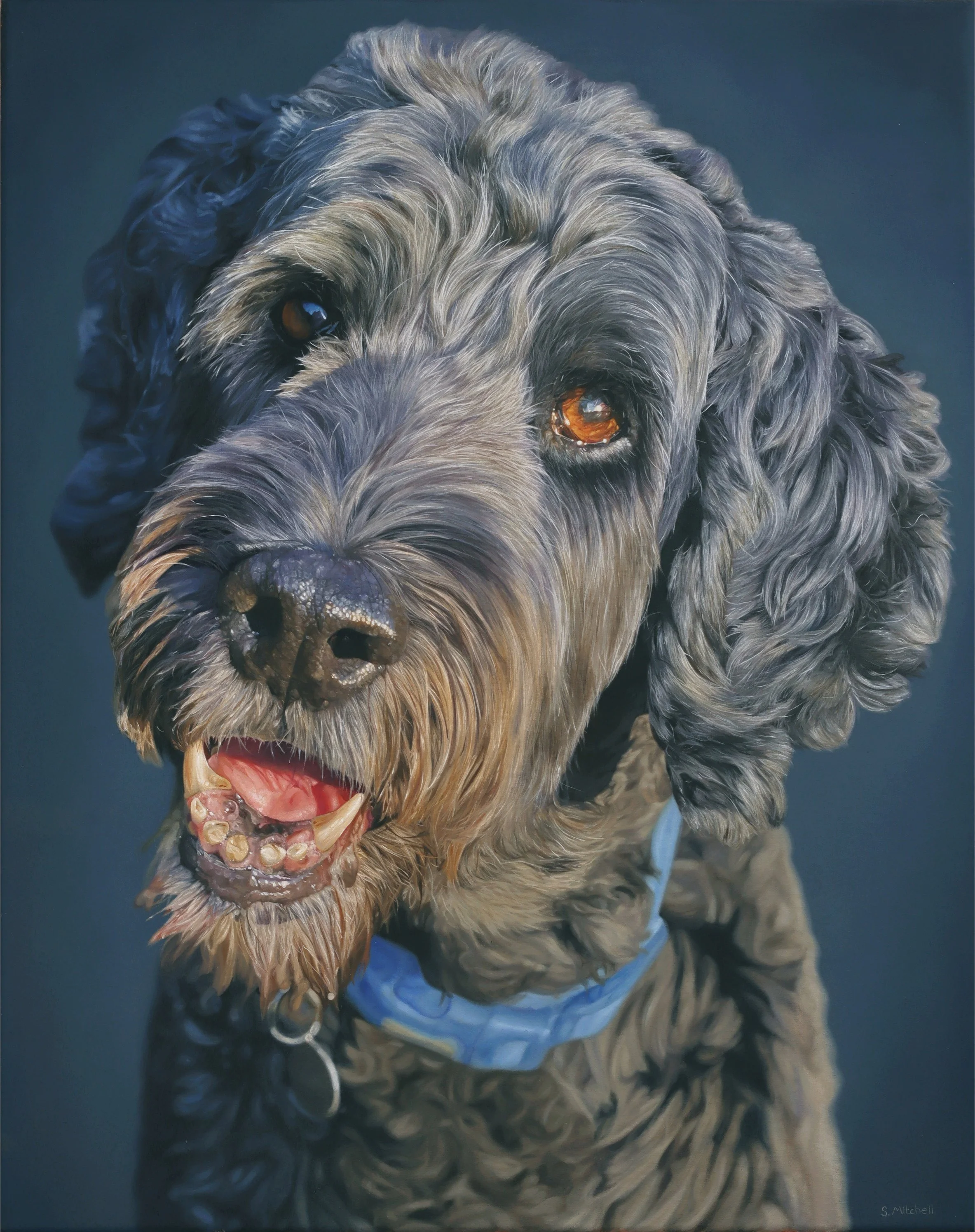 A detailed painting of a large, gray, curly-haired dog with dark eyes, wearing a blue bandana, with its pink tongue visible and a happy expression.