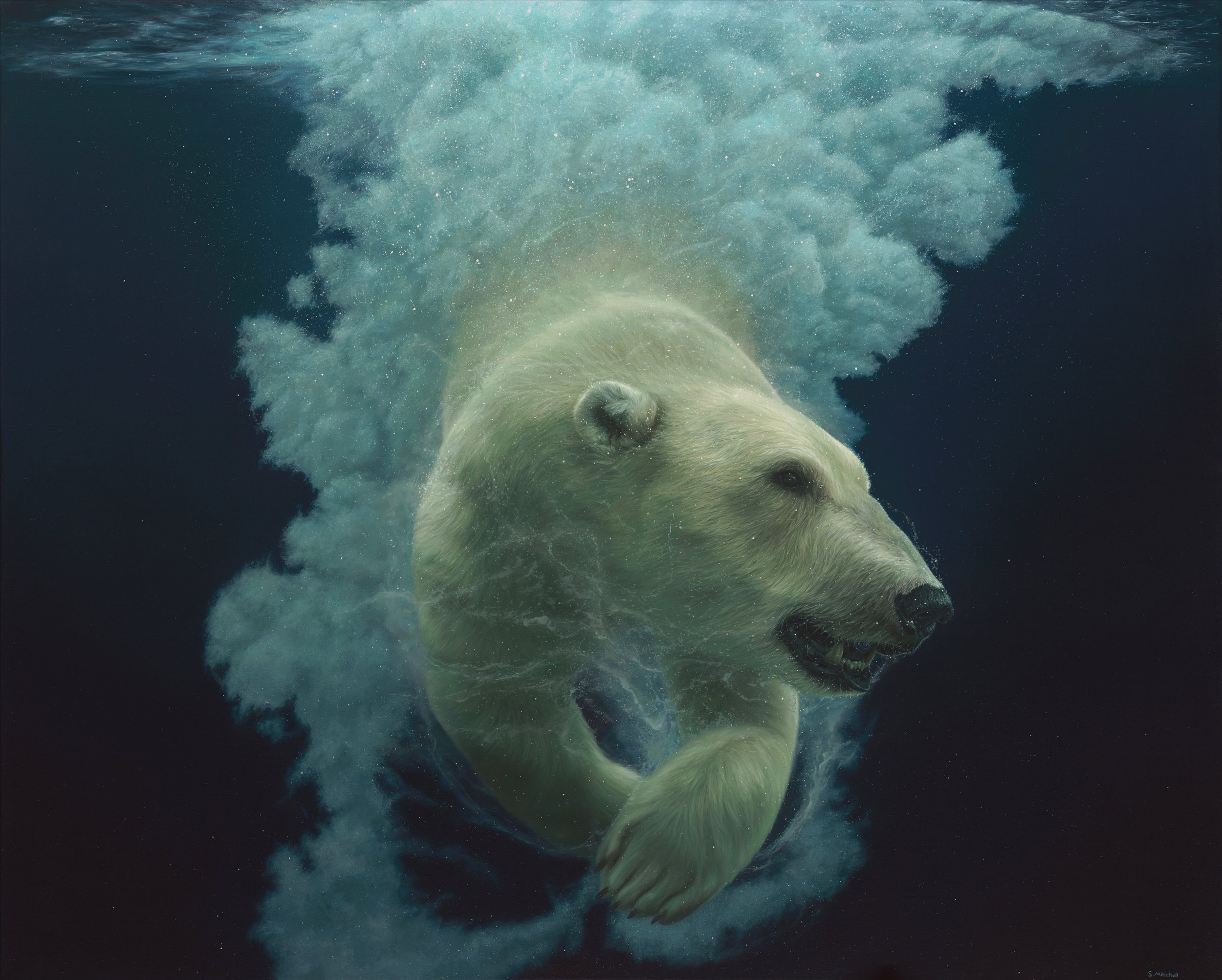 A polar bear swimming underwater, with water bubbles and movement visible.
