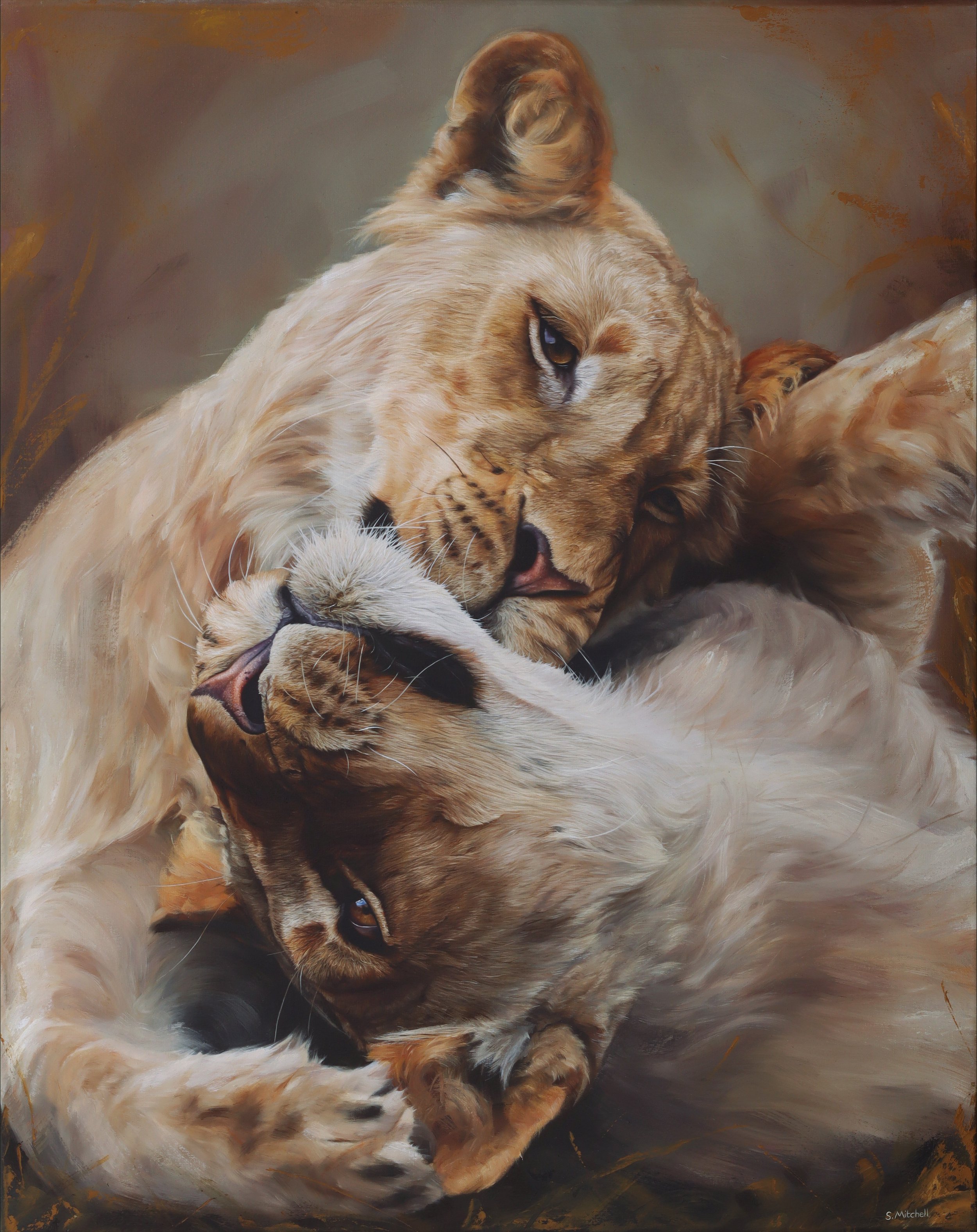 A realistic painting of a lion and a tiger cuddling and sleeping together, showing a close bond between the two animals.