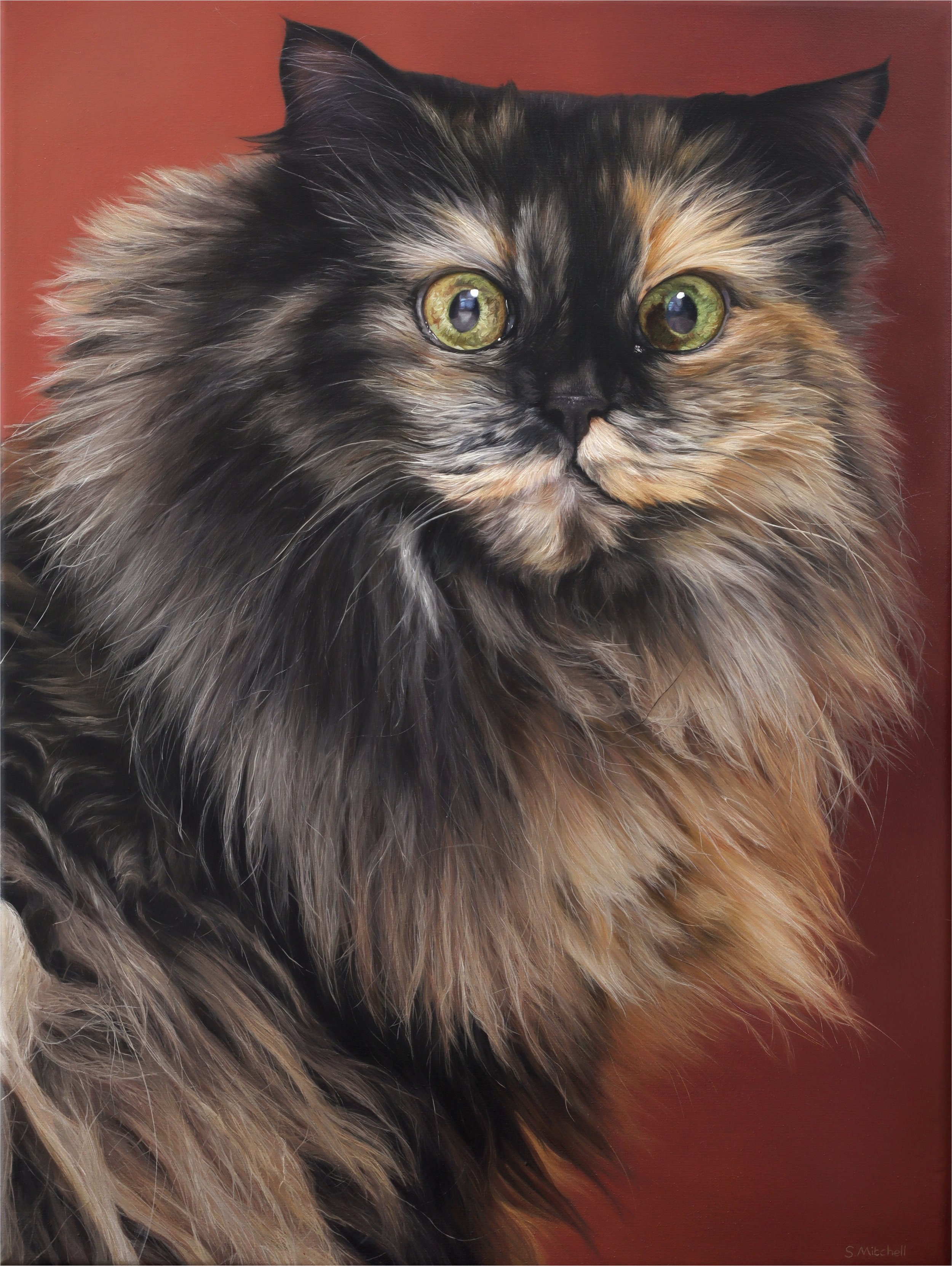 Close-up of a long-haired calico cat with green eyes, looking directly at the camera, set against a reddish-brown background.