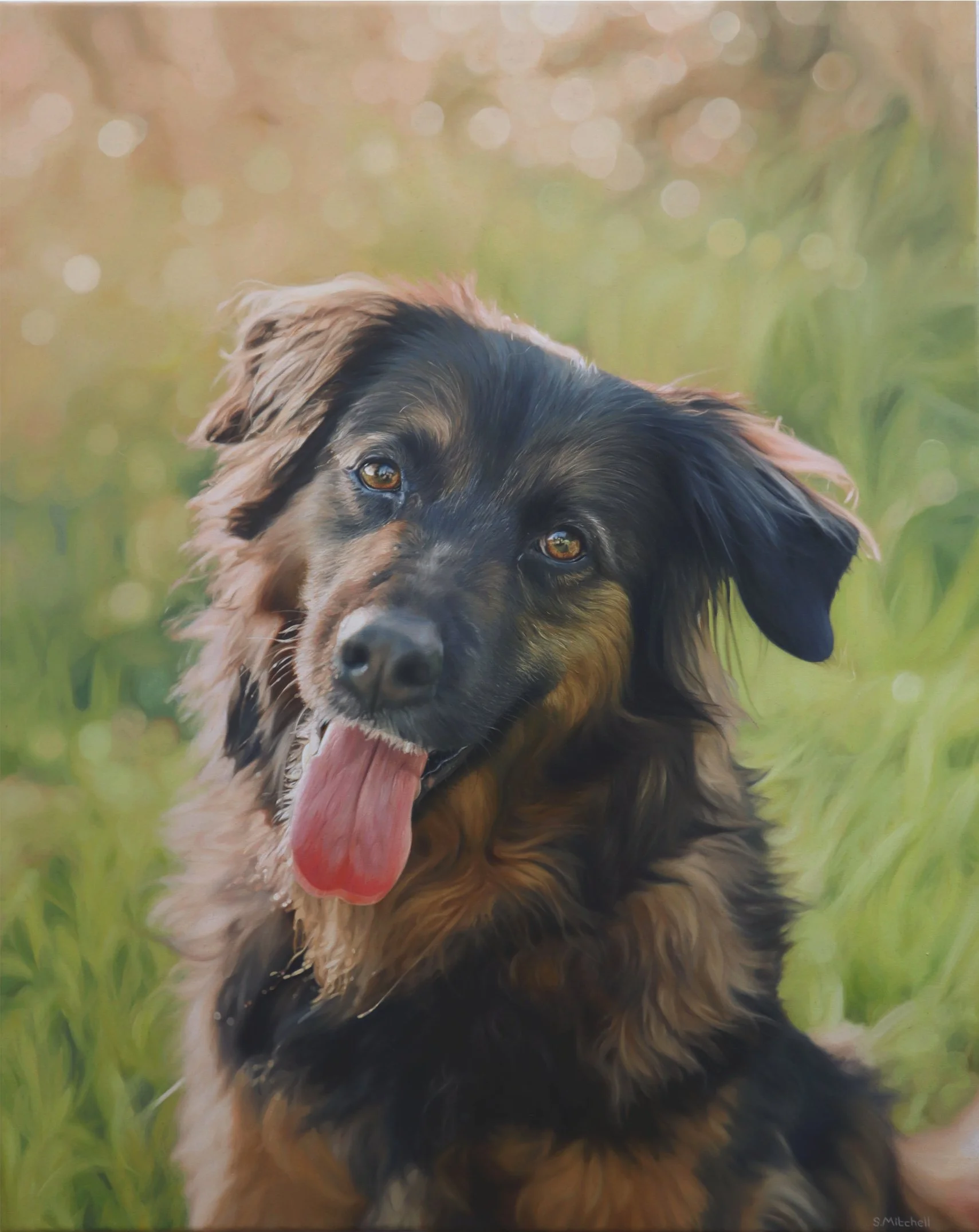 Painting of a black and brown dog with floppy ears, tongue out, in a grassy outdoor setting with a blurred green background and bokeh effect.