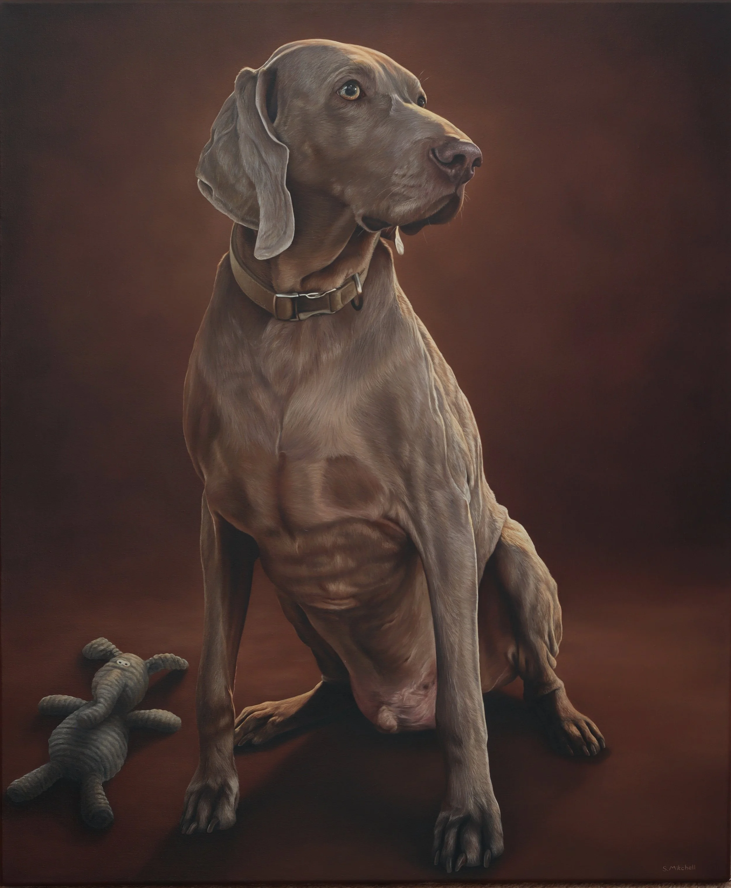 A realistic painting of a brown dog, possibly a hound breed, sitting on a dark wooden surface against a brown background. The dog has drooping ears, expressive eyes, and wears a collar. There are some plush or fabric toys at the dog's paws.