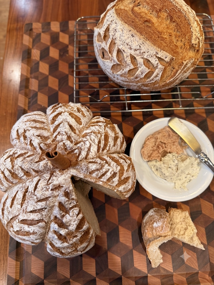 Four intricately decorated loaves of bread with powdered sugar, a small dish of butter and pâté with a butter knife, and a broken piece of bread on a wooden table.