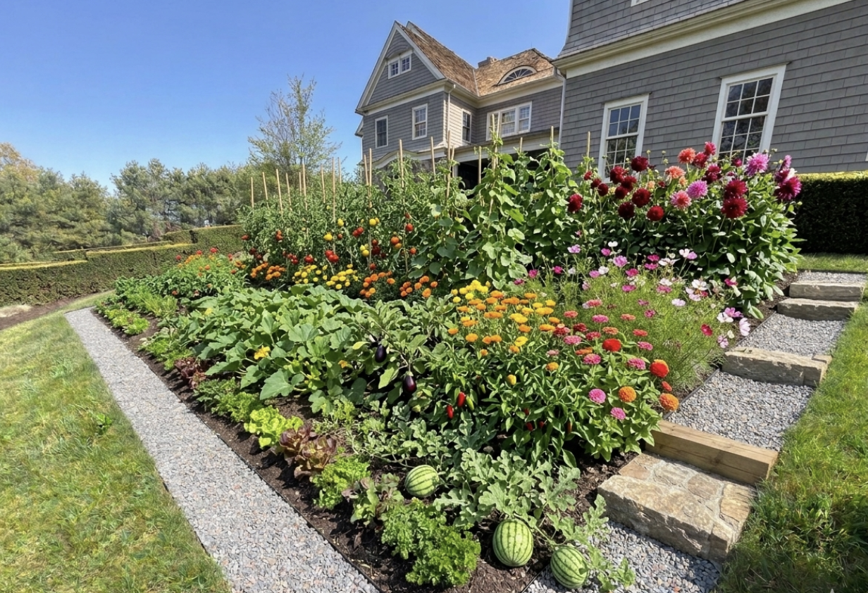 A neatly maintained garden bed with colorful flowers and vegetables in front of a large house, featuring a gravel pathway on its side and a set of stone steps leading up the side.