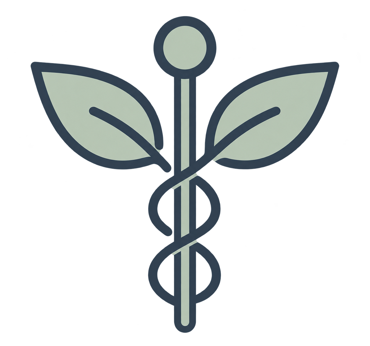 A medical symbol combining a caduceus with a plant stem and leaves, representing healthcare and nature.
