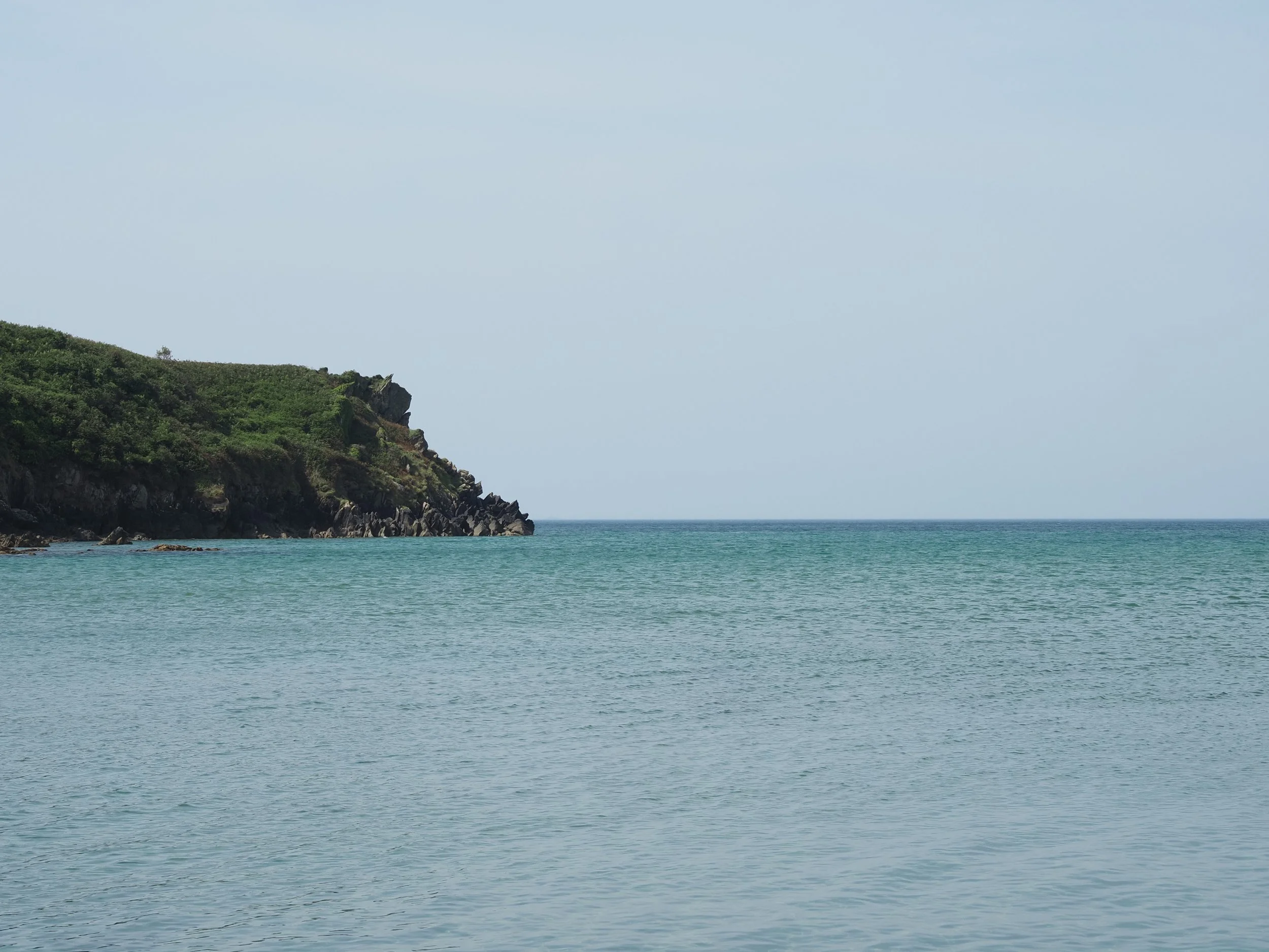 Rocky, green-covered coastal cliff extending into calm blue-green ocean under a clear sky