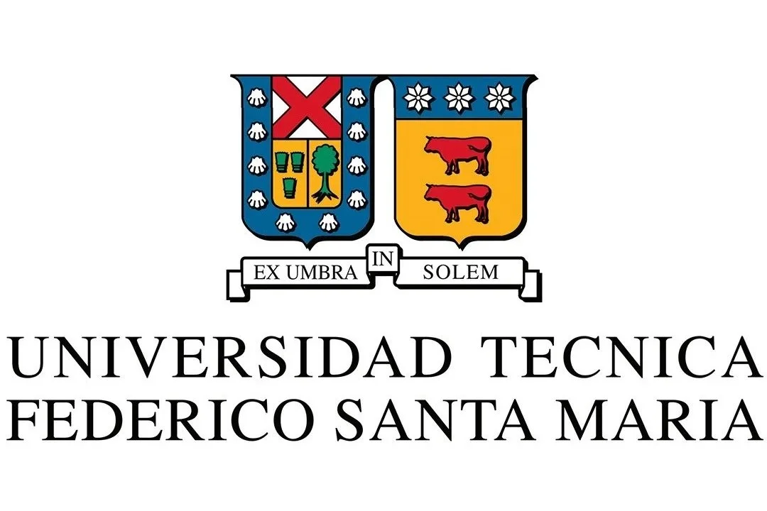 Logo of Universidad Tecnica Federico Santa Maria with two shields, one with a red X and shells, the other with two red bulls and flowers, and a banner that reads 'EX UMBRA IN SOLEM'.