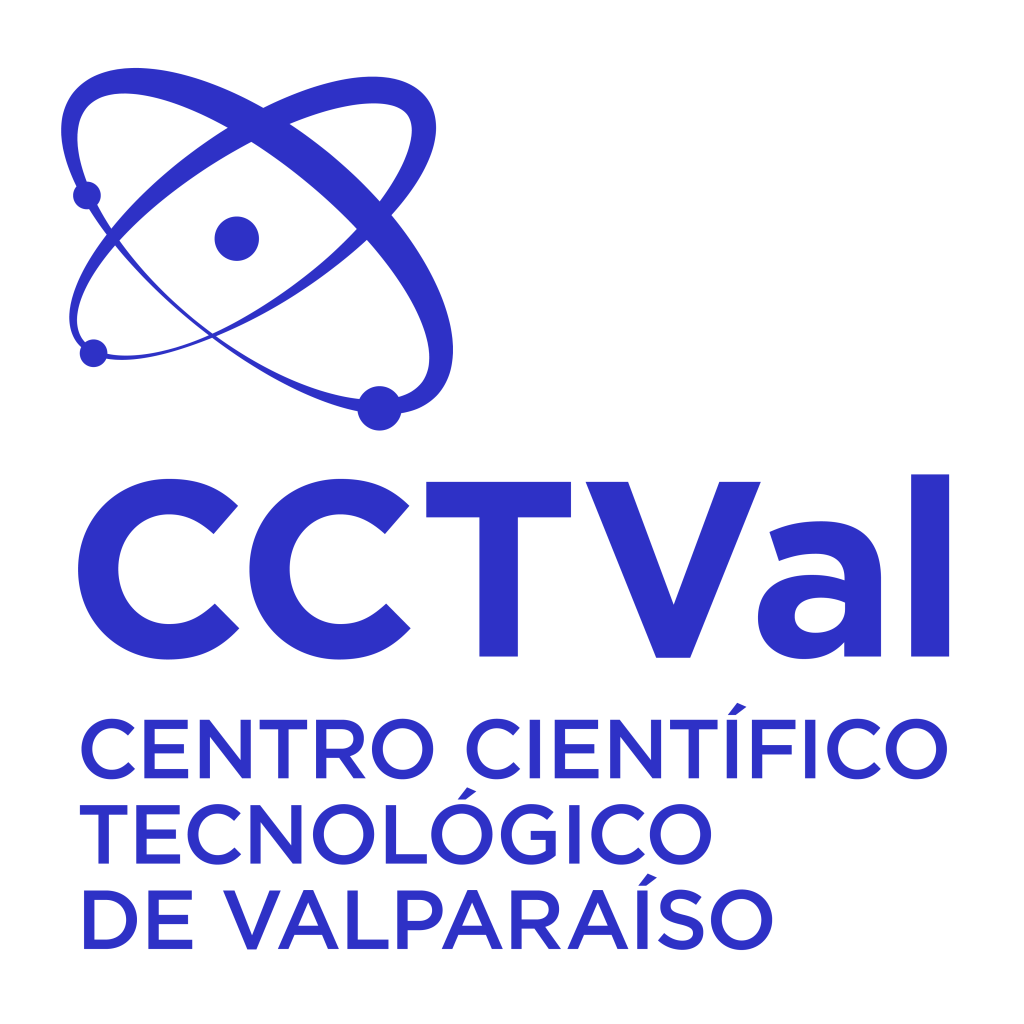 Logo of the Centro Científico Tecnológico de Valparaíso, or CCTVal, featuring a stylized atom symbol in blue with the organization’s name in blue text underneath.