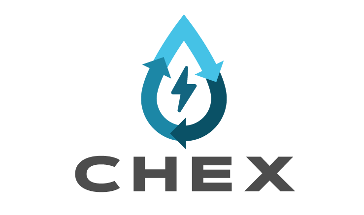 Chex logo with a blue droplet, arrows, and a lightning bolt, and the word 'CHEX' below.