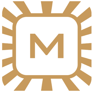 Logo featuring a black square with a gold letter 'M' in the center, surrounded by a gold sunburst pattern.