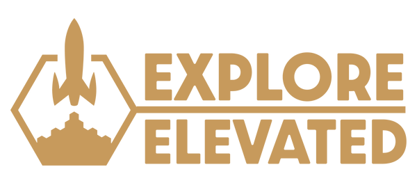 Logo with a rocket launching inside a hexagon and the text 'EXPLORE ELEVATED' to the right.