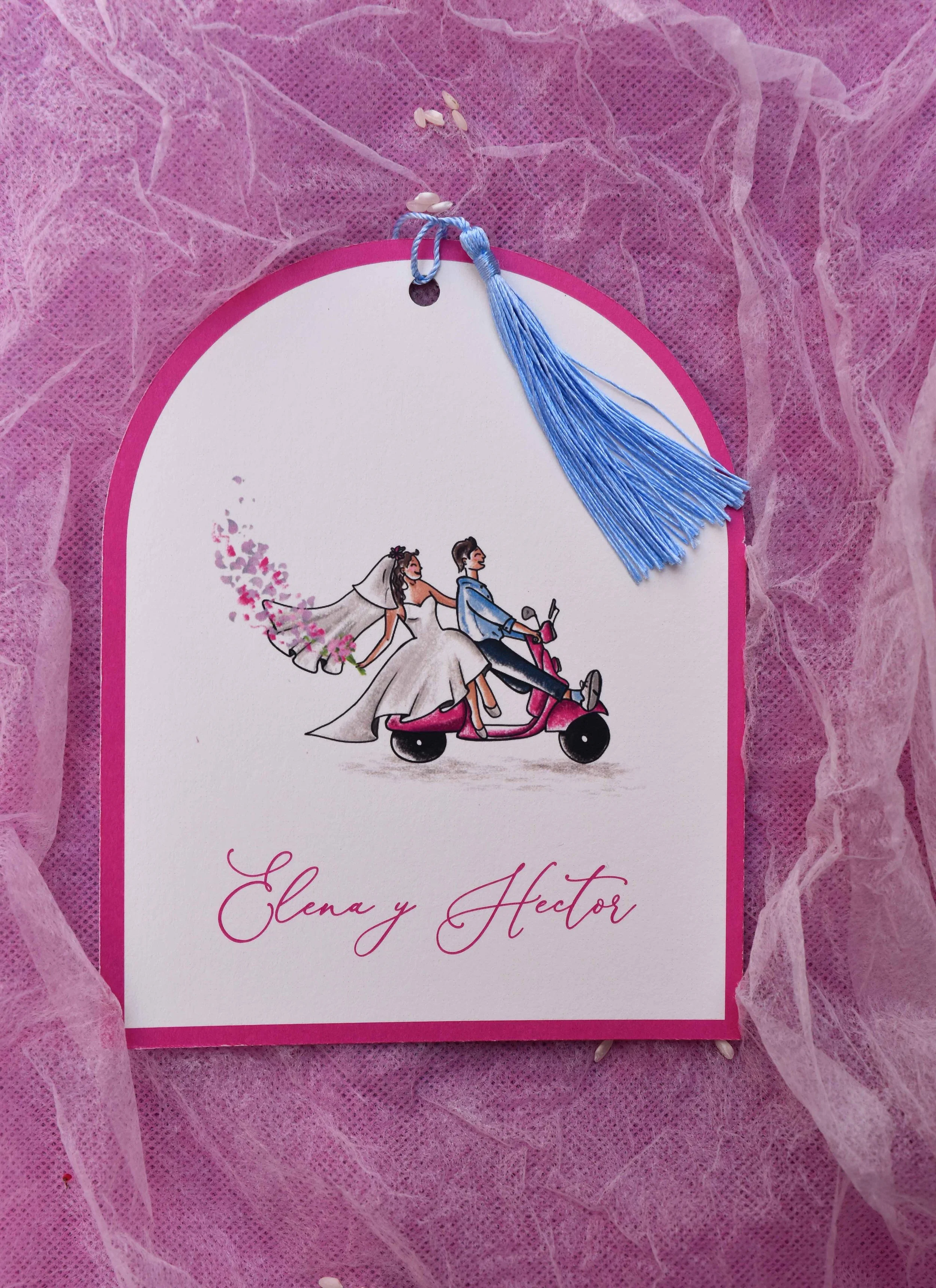 Invitación de boda original y diferente con ilustración semipersonalizada. Boda con colores vivos.