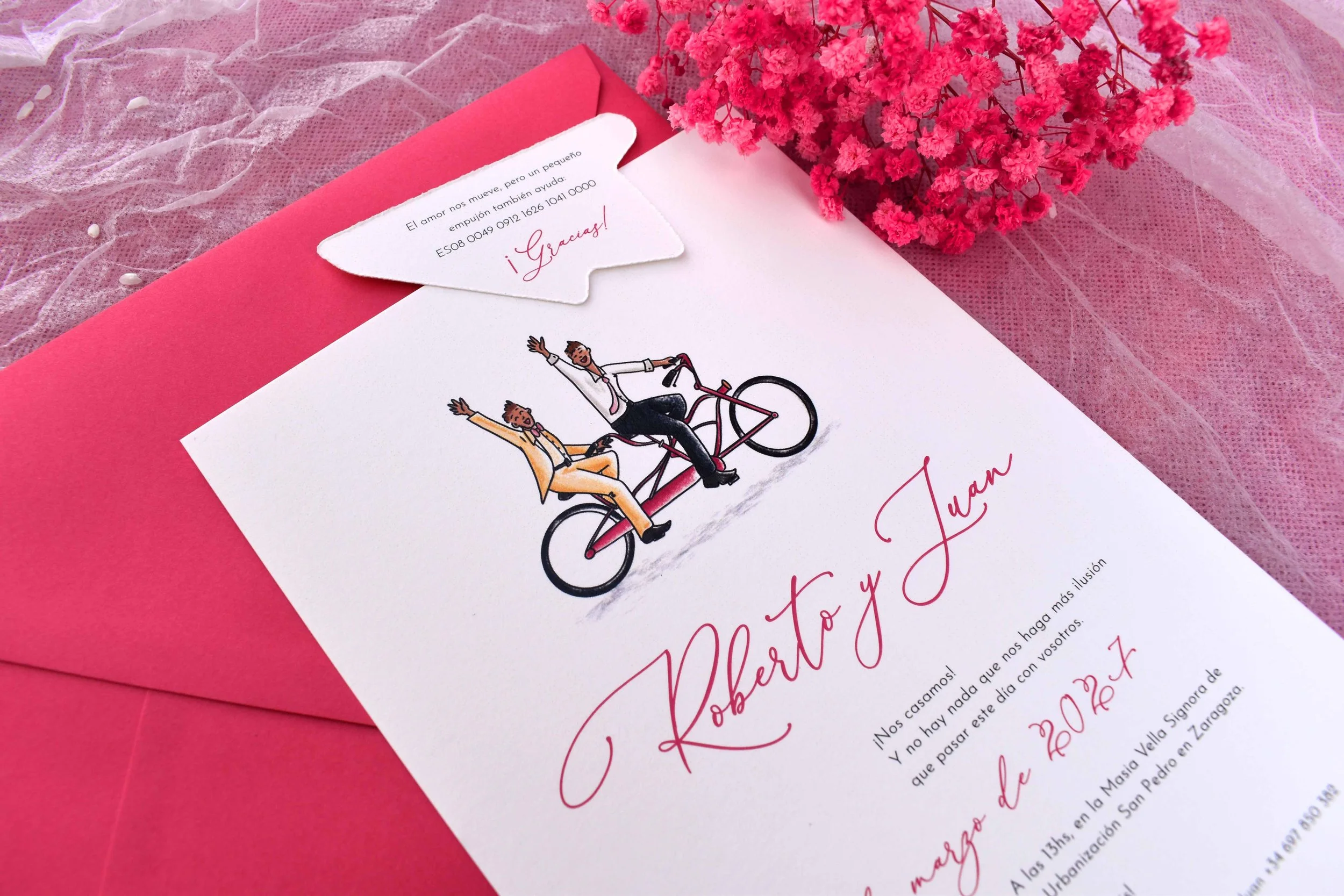 Invitación de boda ilustrada. Paleta de colores vivos.
