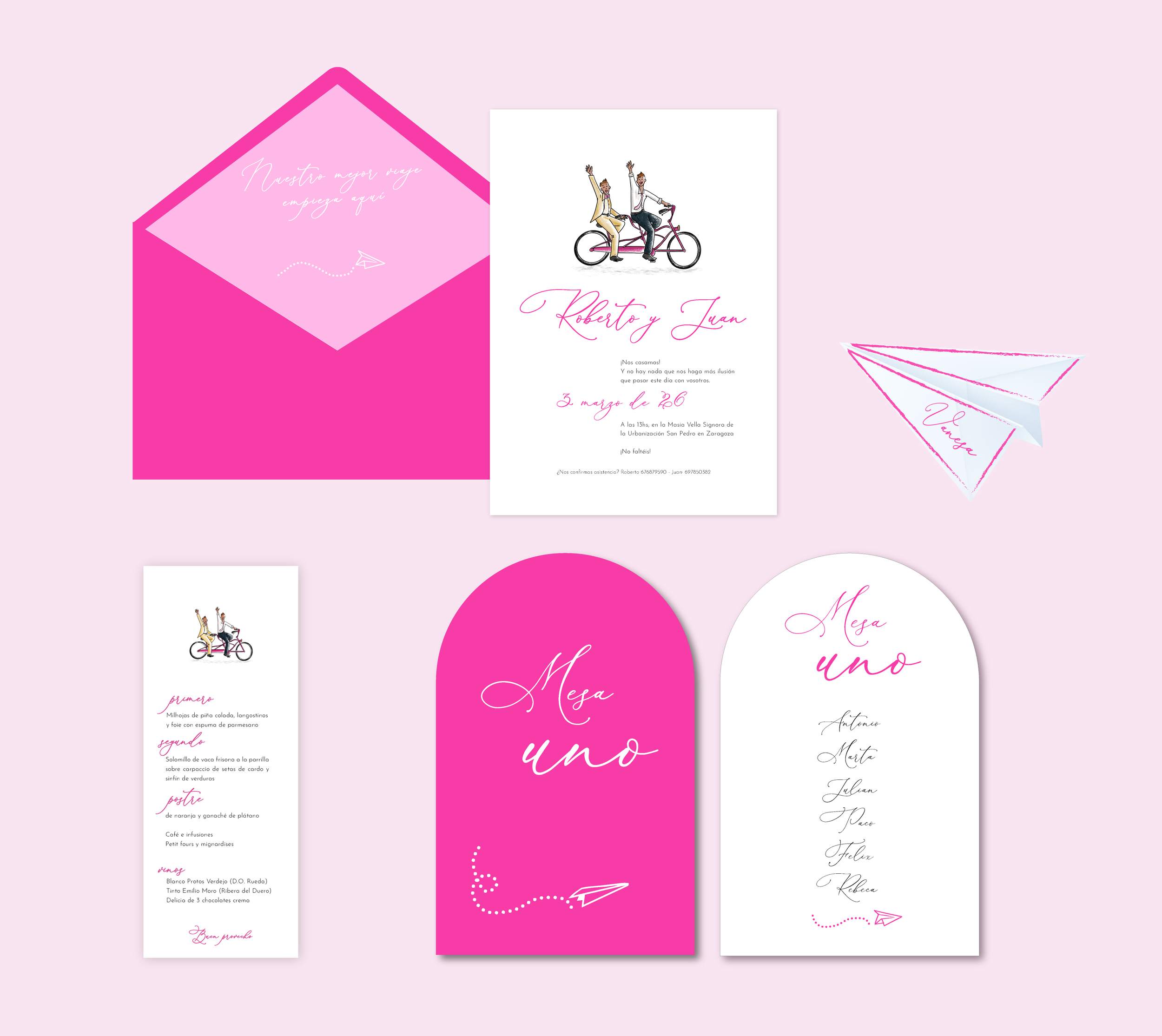 papeleria para bodas. Invitación de boda, sobre, menú, marcasitios, ...