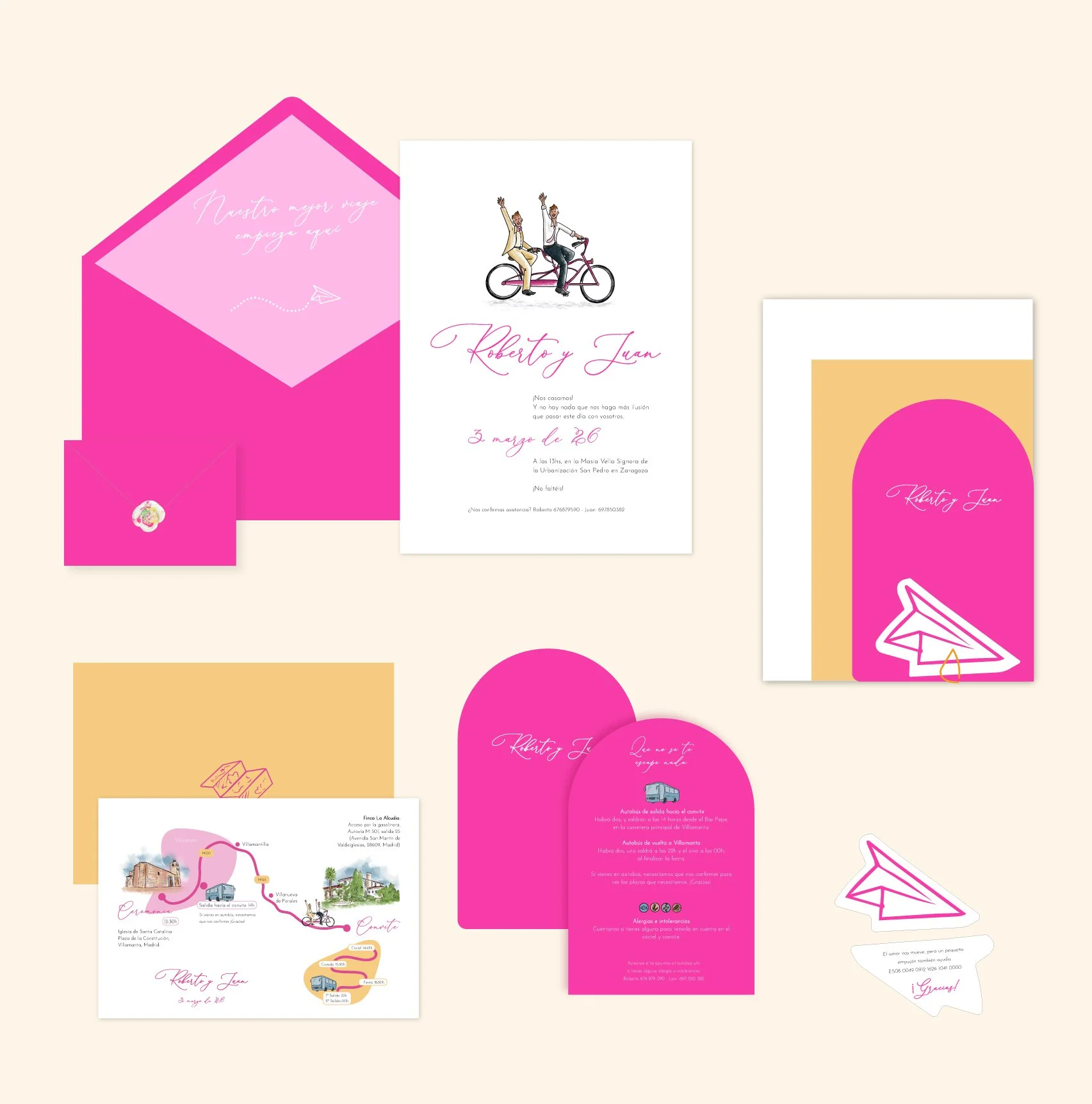 Pack de invitación de boda. En la foto se muestra la invitación, el sobre, la tarjeta con información extra, un mapa ilustrado y la tarjeta con el numero de cuenta.