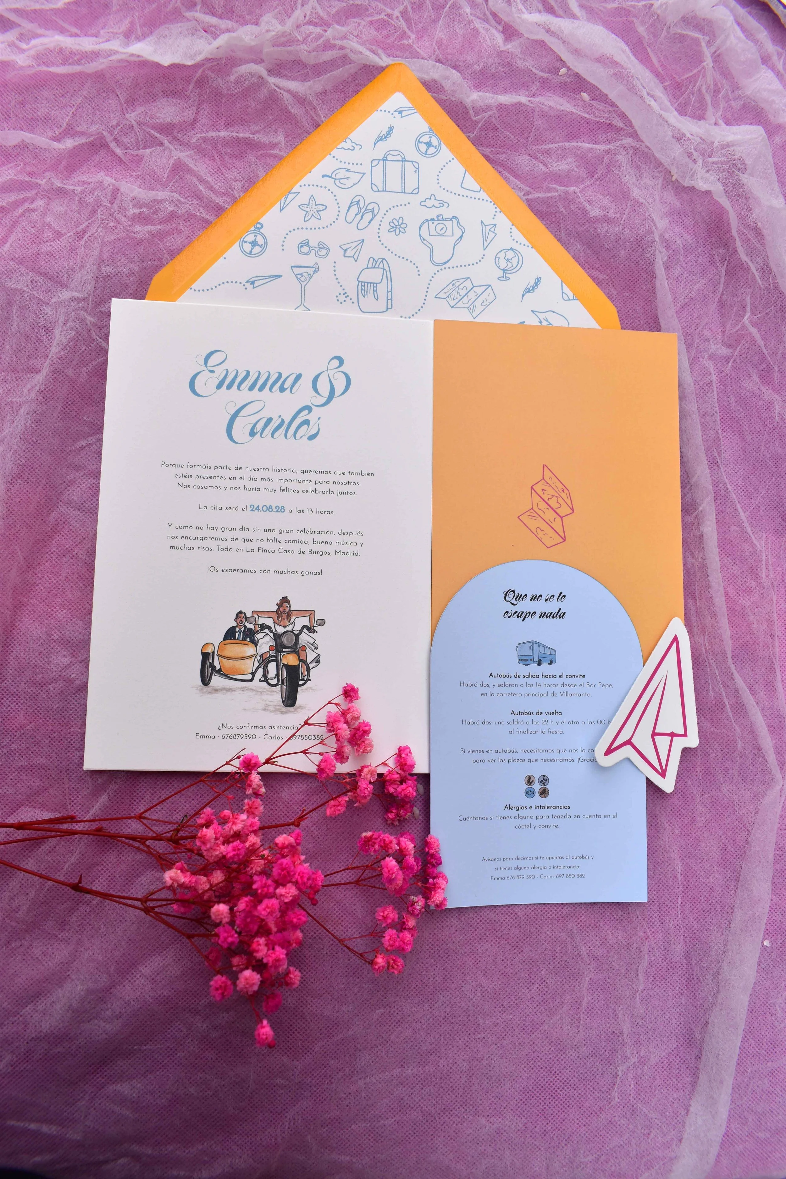 Invitación de boda personalizada. Papeleria de colección. Invitación Rumbo con sobre forrado