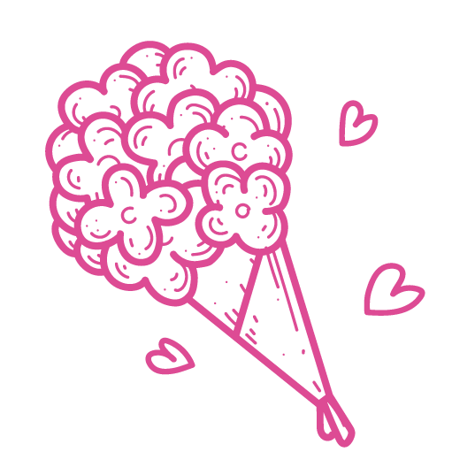 Dibujo de un ramo de flores con corazones alrededor, en color rosa y fondo negro.