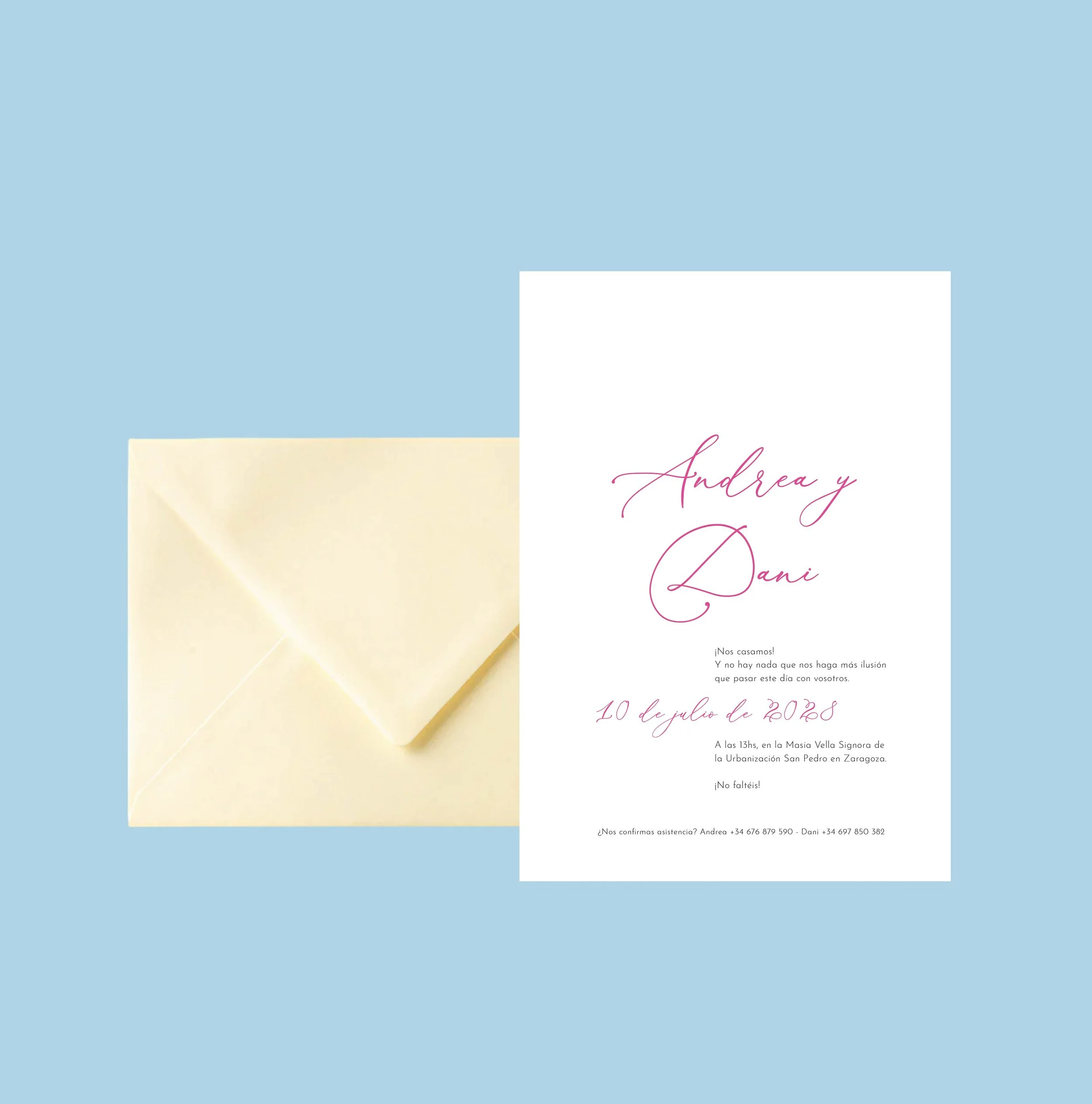 Invitación de boda ilustrada. Paleta de colores vivos.
