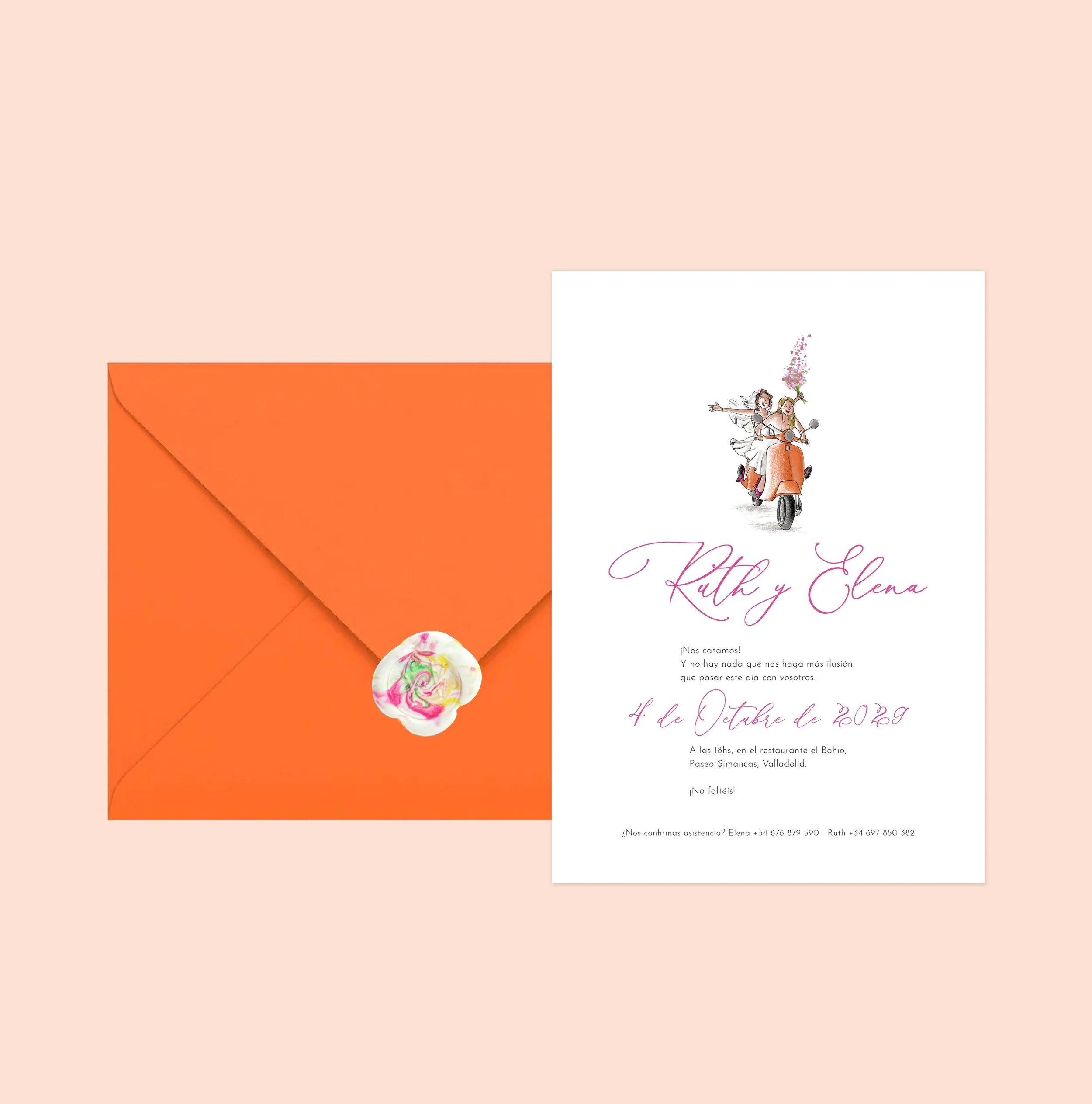 Invitación de boda ilustrada. Paleta de colores vivos.
